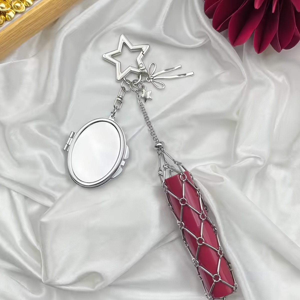 TEMU Custom Laser-engraved Bag Charm Keychain, Personalized Foldable Mini Makeup Mirror With Metal Mesh Pouch Organizer, Heart And Star Clasp Handbag