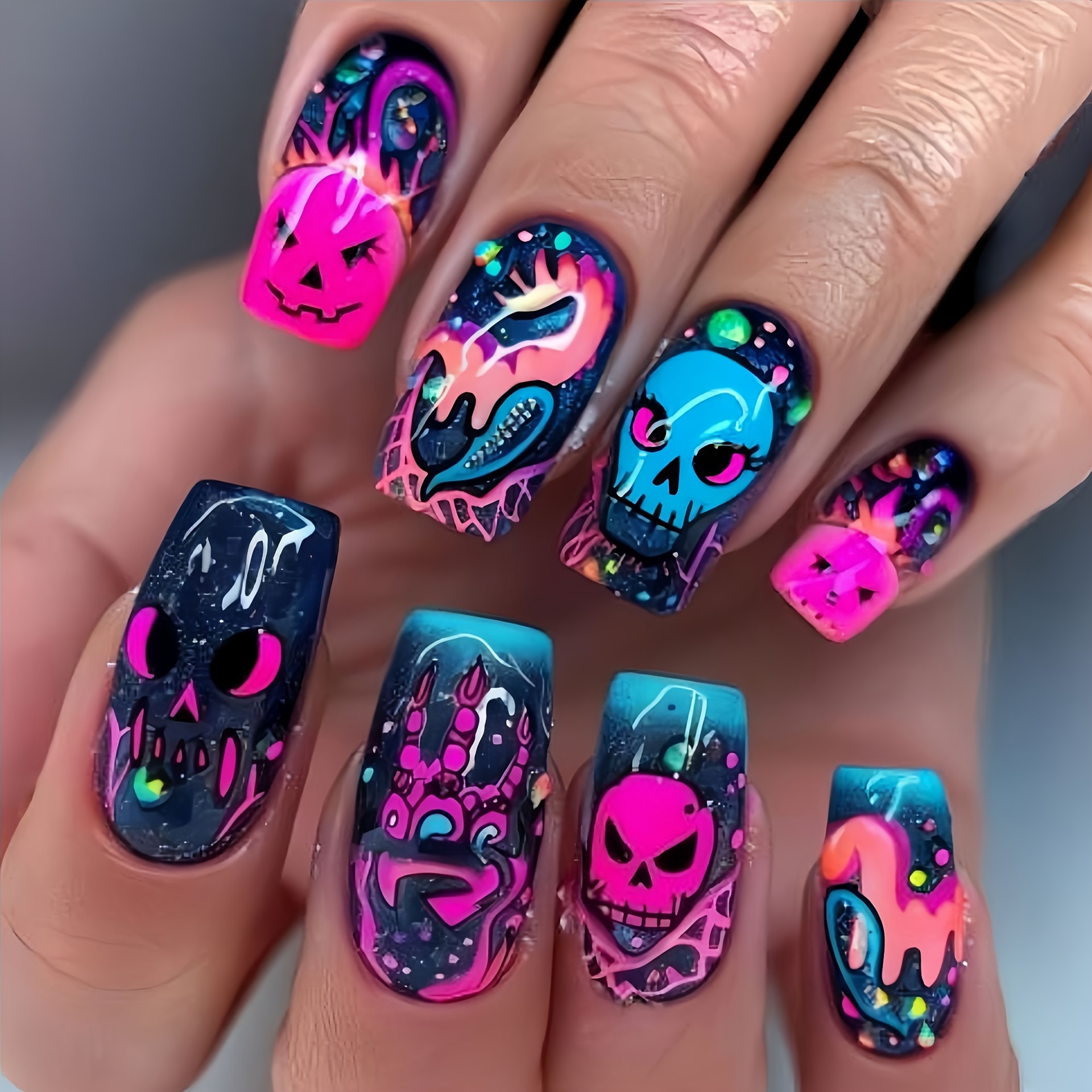 Purple Skeleton-themed Nail Art Set Featuring Medium-long European Square Patches, Packaged In A Box Of 24 Detachable Pieces For Halloween