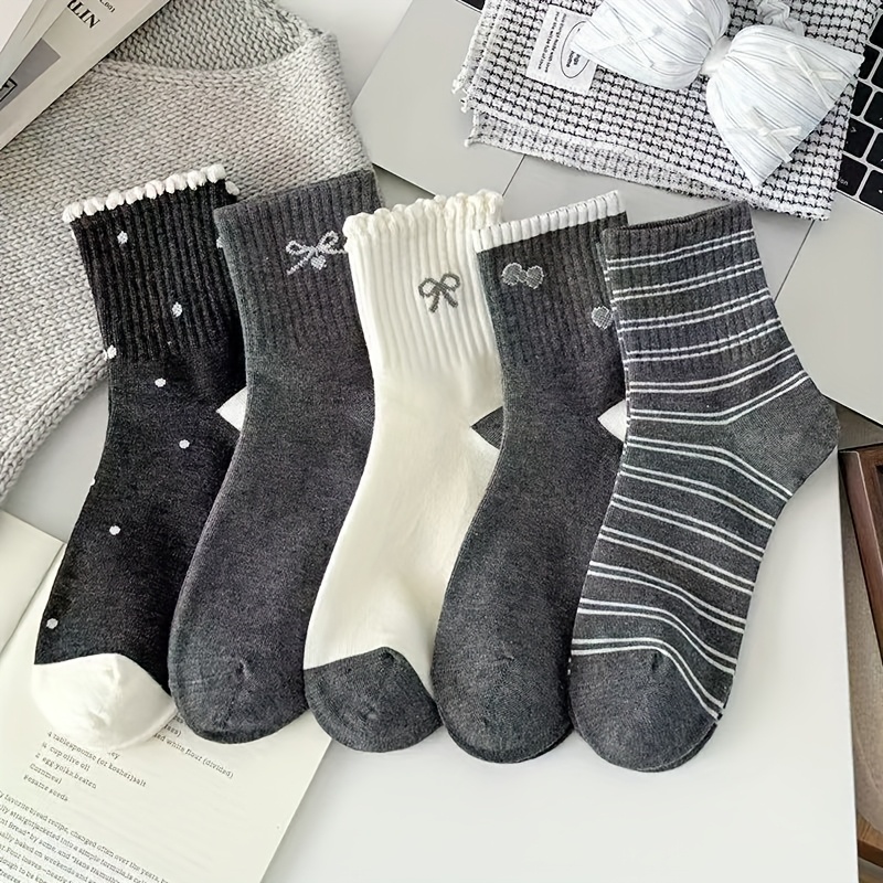 TEMU Pack de 5 Chaussettes Femme (OTK) - Collants Épais Toutes Saisons avec Bordures à Volants & de Nœud, Gris/Noir/Beige/Blanc/Rose - Jambières