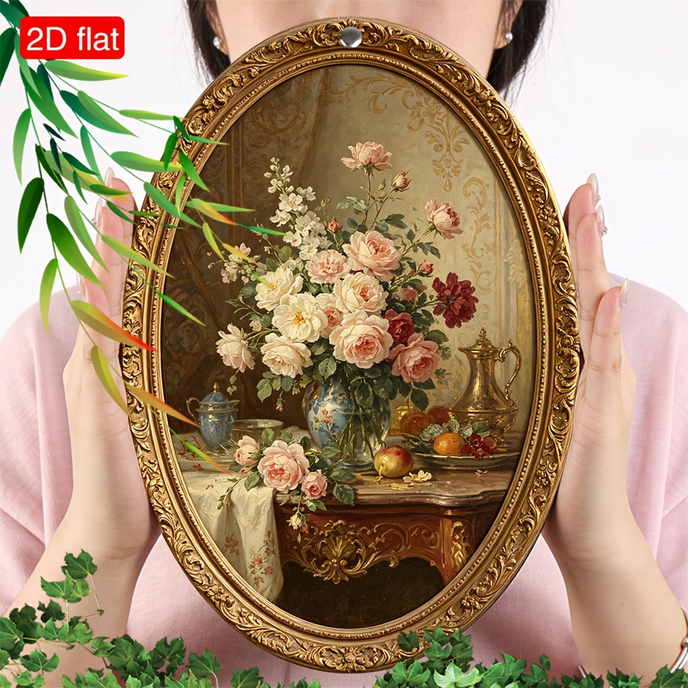 TEMU 2d Flat, 1 Flower Still Life Oil Painting In Oval Picture Frame, Classic European Style Wall Decorations, Is A Good Gift, Very Suitable For Home