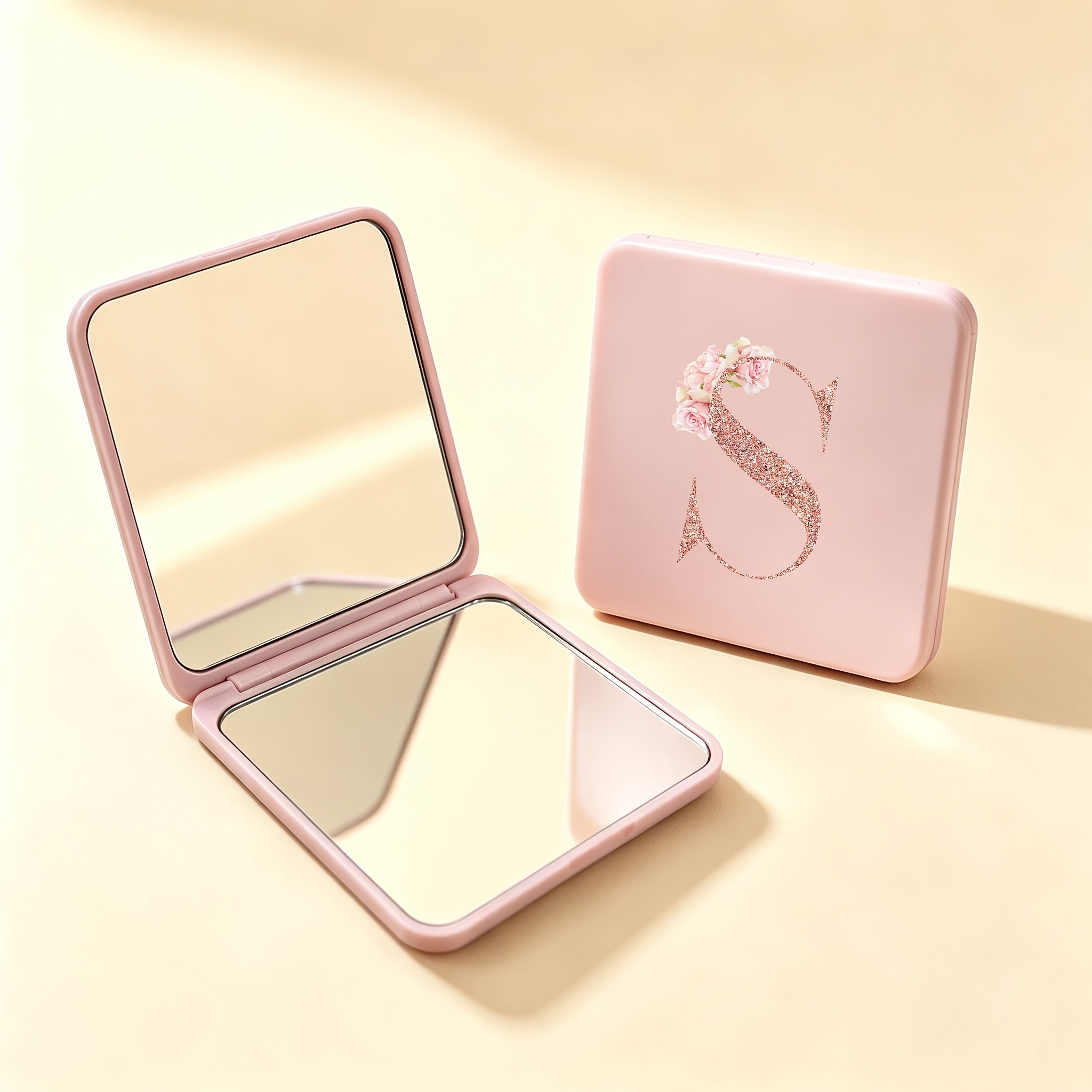 TEMU 1pc Initial Portable Square Makeup Mirror, Double-sided Square Makeup Mirror, Foldable Makeup Mirror For Women, 3 Colors : /pink, Compact And