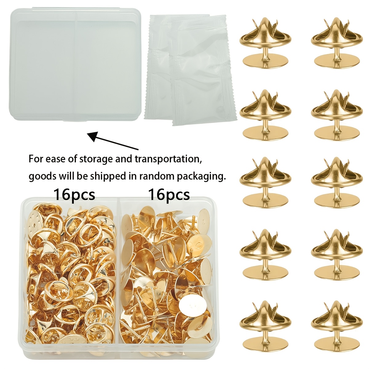 E-shop 32 Stk./Box KC Goldene Nadelsockel, Nagelknopf-Verlängerungsset enthält 16 Stk. Schmetterlingsverschlüsse und 16 Stk. (10 mm) Bindezahnen,