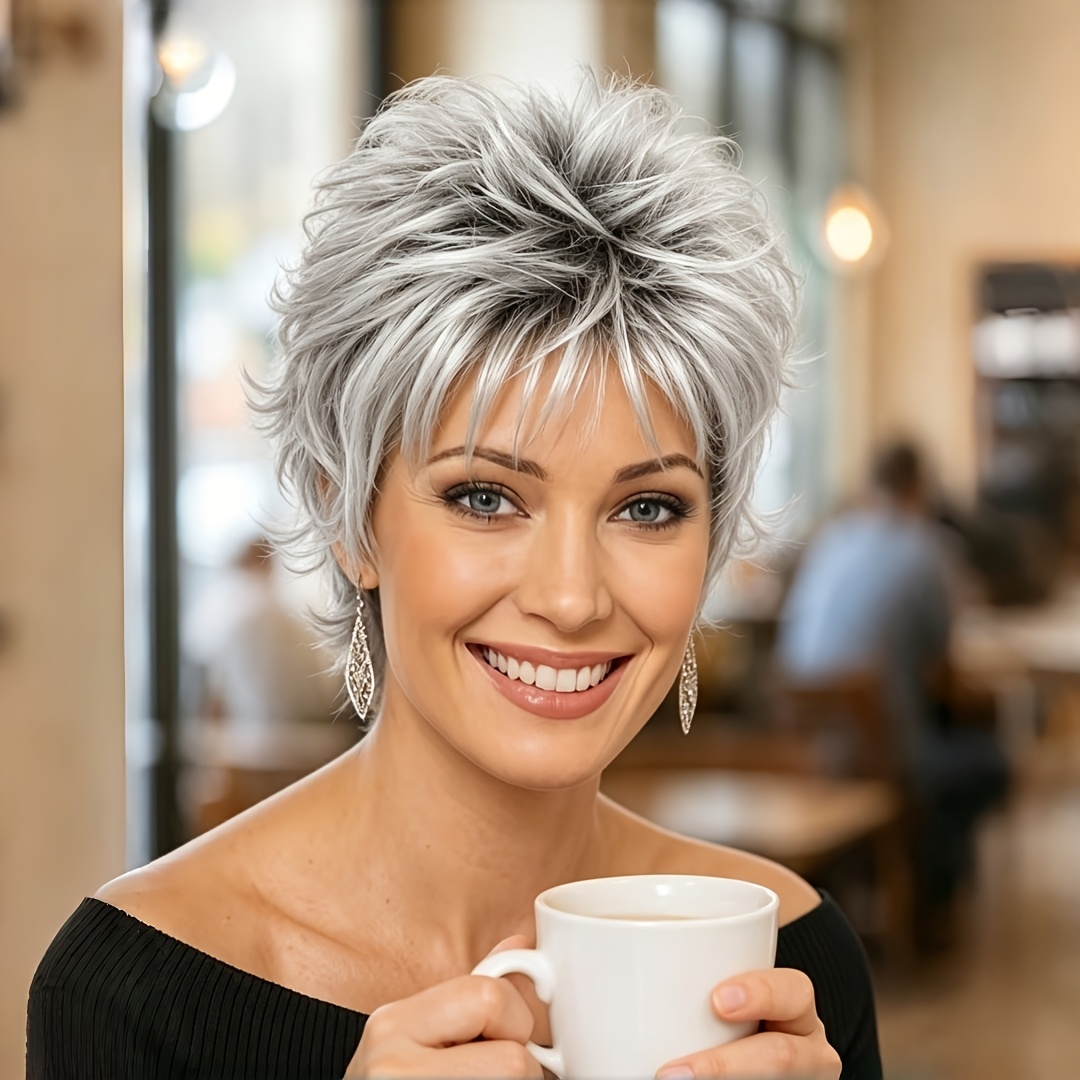 TEMU Women's And Elegant Short Curly Wig White Side- Bangs Wig High-temperature Fiber Layered Synthetic Hair Wig With Bangs White/gray Curly Suitable