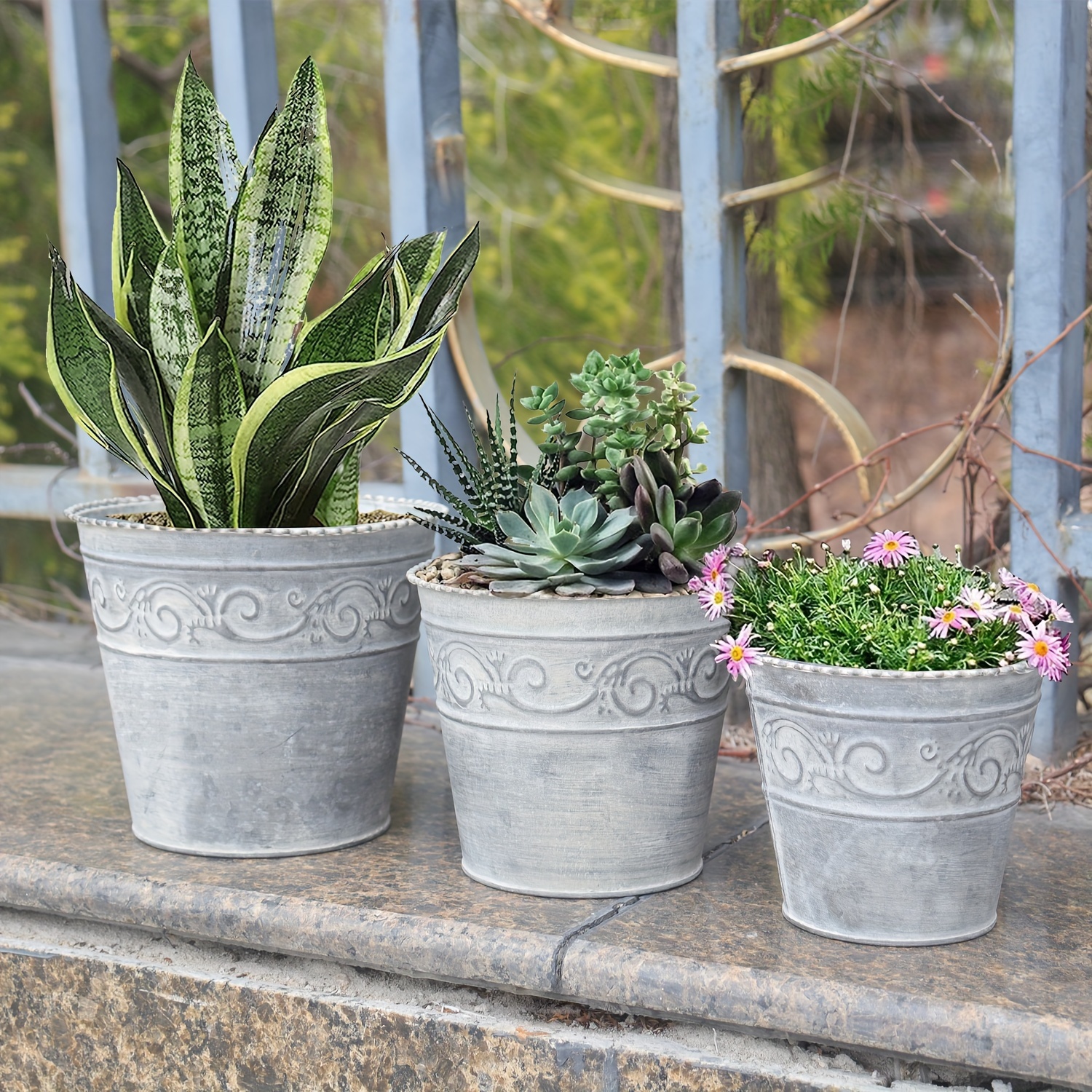 

Vintage Metal Planter Set: Suitable For Indoor And Outdoor Use - Elliptical Design With Floral Patterns