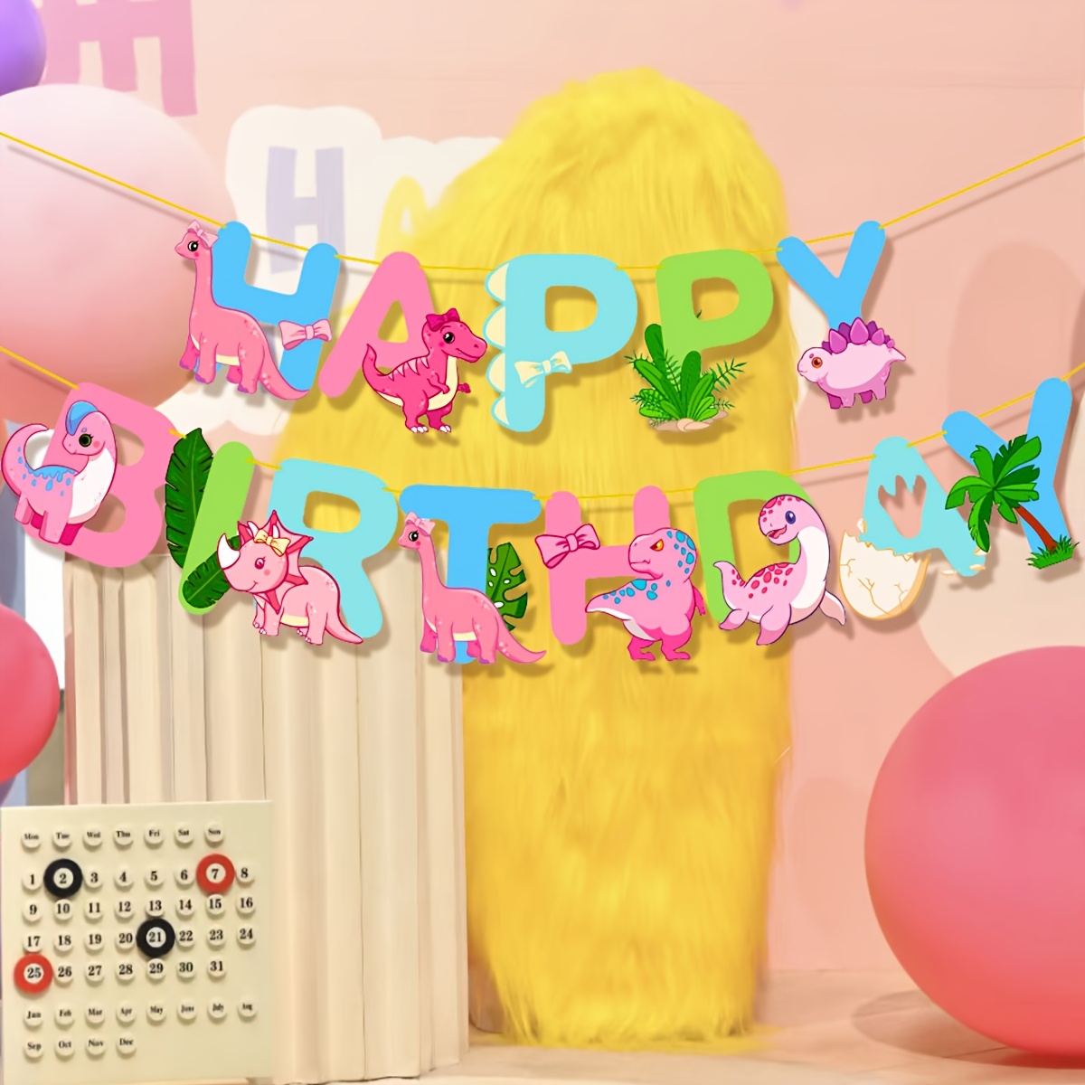 Image of Pink Dinosaur Themed Paper Banner For Birthday Celebrations, Featuring Cartoon Dinosaurs For ' Parties