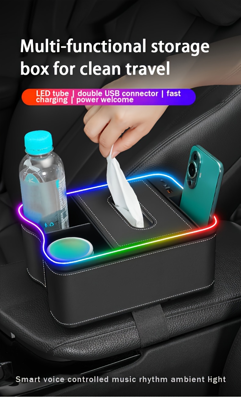 armrest box storage box new car storage box multi function tissue box colorful led atmosphere light 5a fast charging charger multi function water cup holder beverage holder car paper box car interior accessories details 0