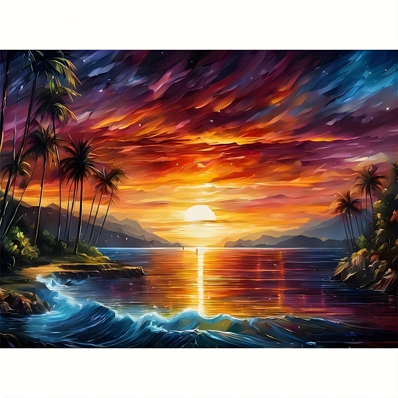 

5d Diy Round Diamond Painting Kit, Sunset Landscape Theme, Full Drill Canvas Art Stitch Embroidery For Beginners, Gift For Home Decor - Living Room, Bedroom, Study Room Decor