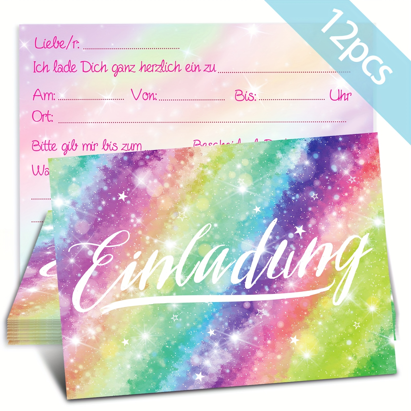 Image of 12pcs Rainbow Starry Sky Theme Party Invitation Card - , Suitable For Birthday Parties, Celebrations, Baby Banquets, Weddings And Other Occasions, Combining Colorful And Romantic Atmosphere
