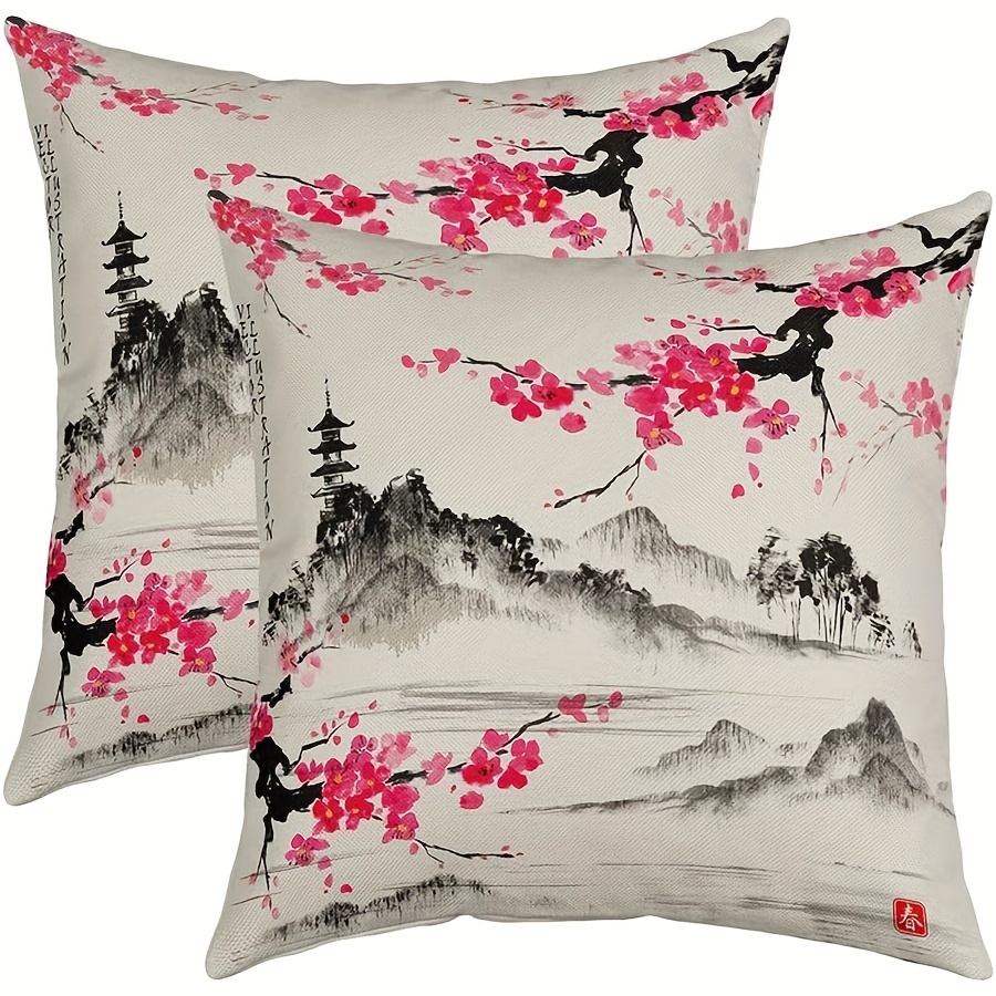 

2pcs Housses de Coussin Japonaises Sakura - Housse de Coussin en Lin Réversible pour Décoration de Salon, Design Traditionnel Rétro Rose, Fermeture Éclair, Lavable en Machine