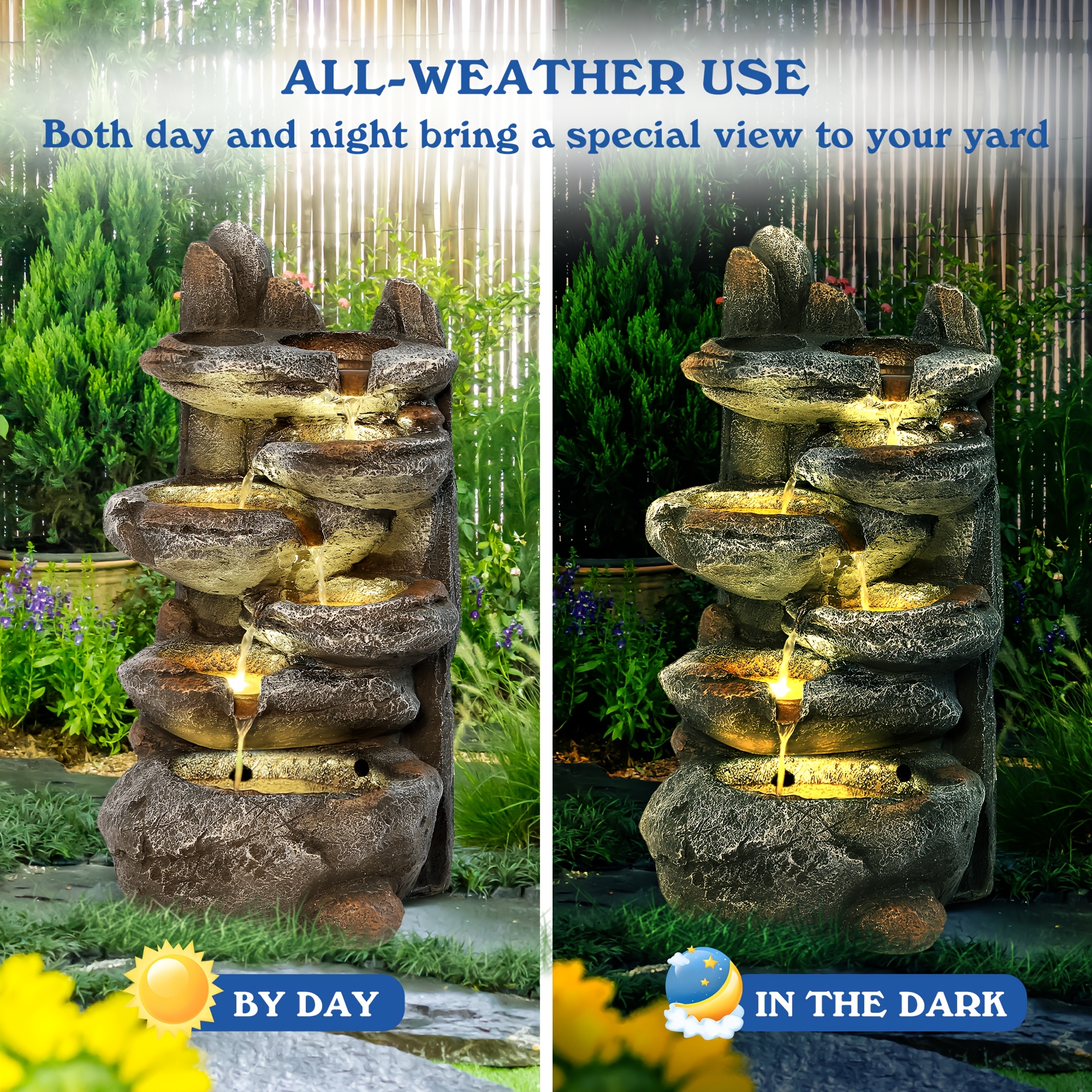 [Soothing Rockery Fountain] 6-Tier Cascading Rockery Outdoor Fountain | Garden Floor-Standing Stone Waterfall with Pump, Rocky Peak Decor - Soothing Tranquility Water Fountain for Home Garden Yard, 26