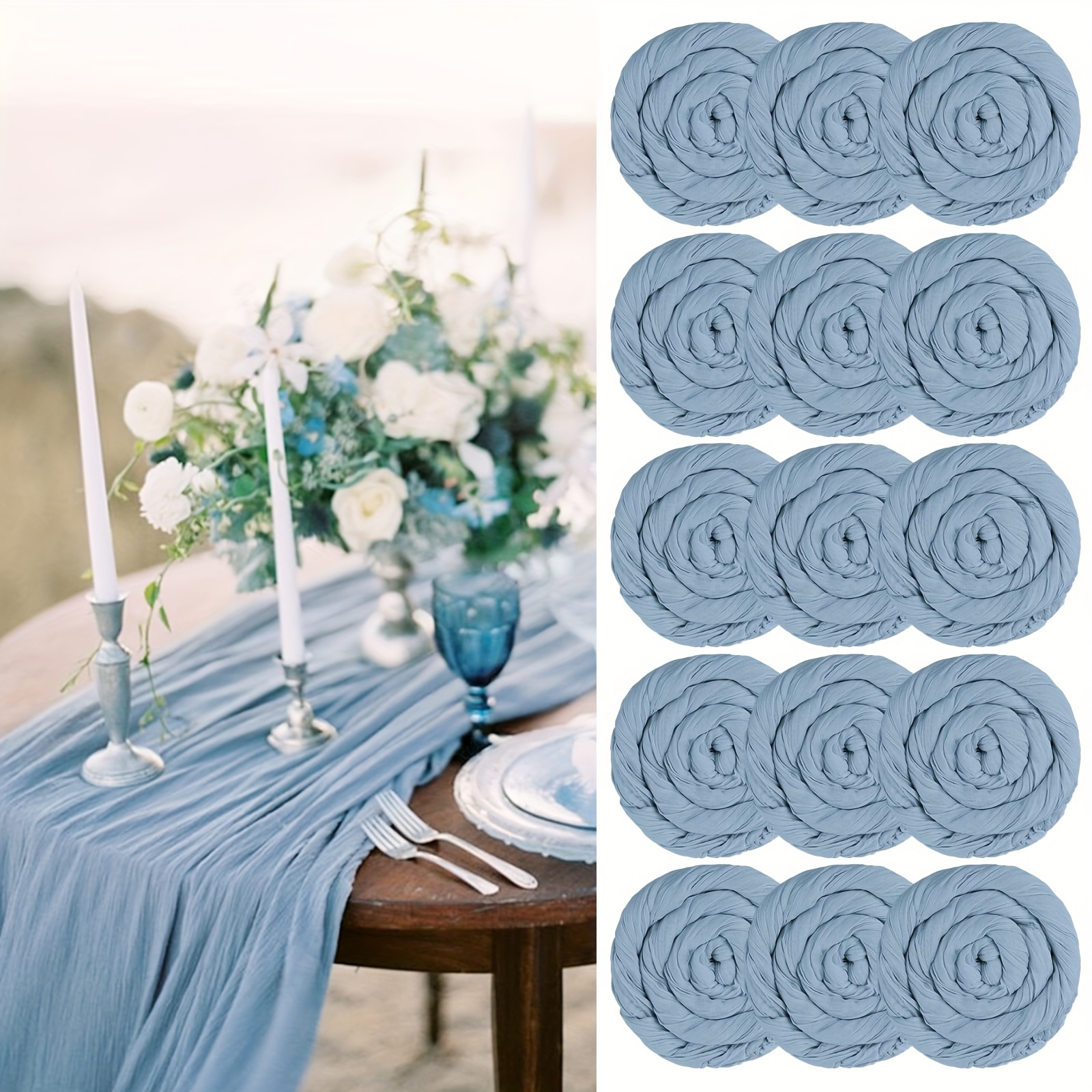 Teruntrue 15pcs Dusty Blue Gauze Table Runner, 300 Cm Semi-transparent Gauze Tablecloth For Wedding Decoration, Kitchen Wedding Banquet Party Supplies (55x300 Cm)