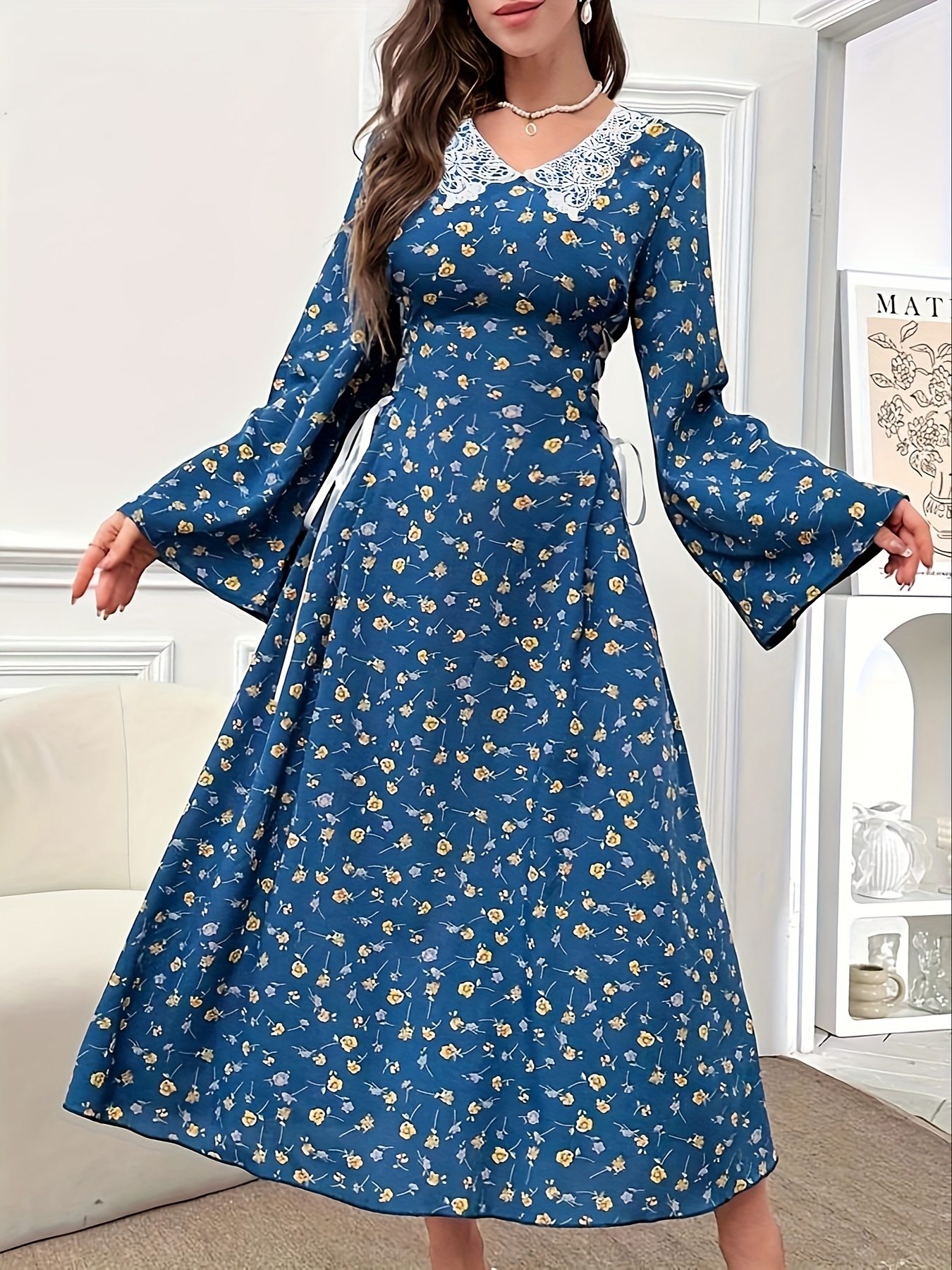 womens floral print collar long sleeve dress adjustable - Temu Mauritius