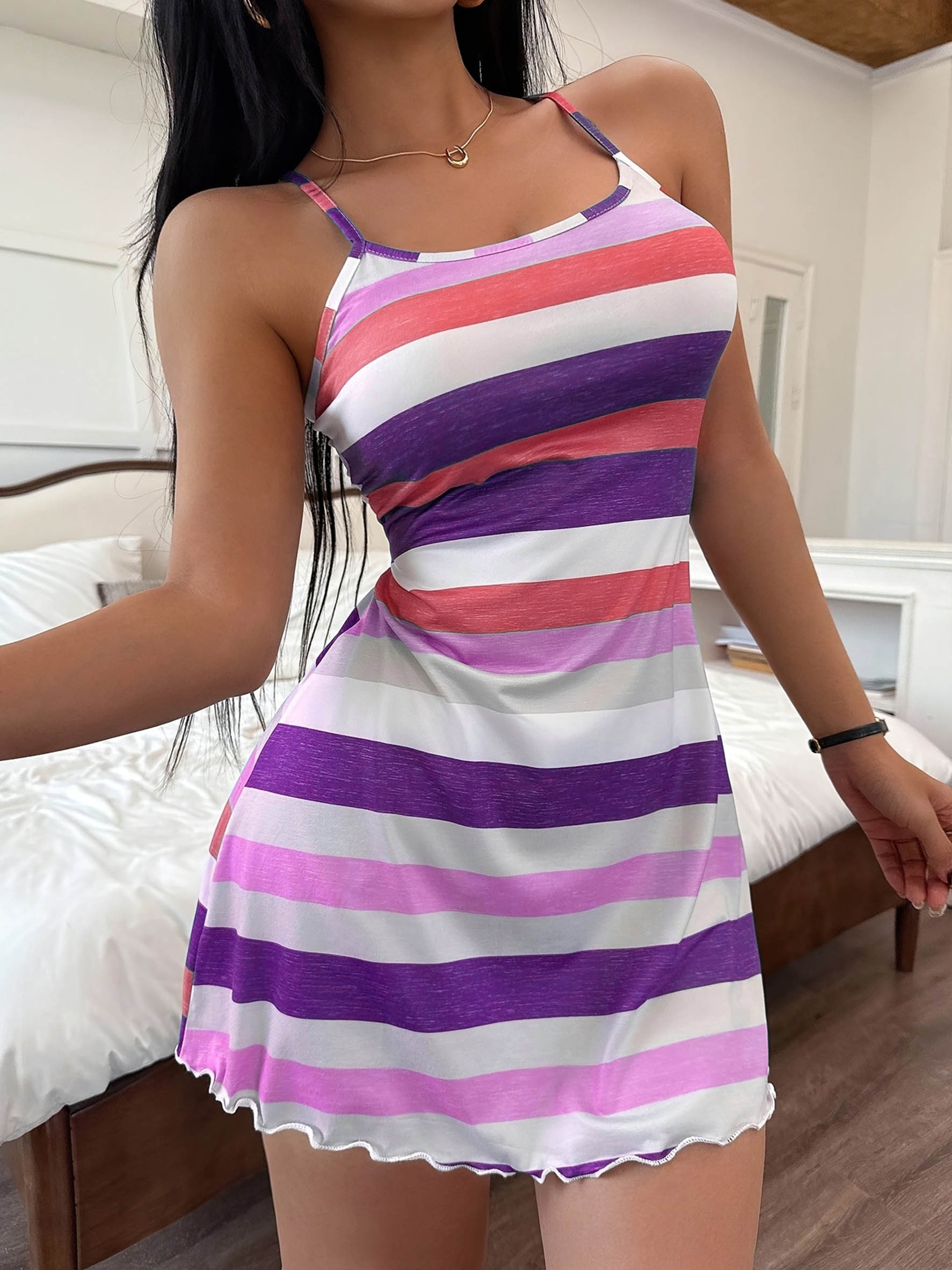 Women's Casual Colorful Striped Print Spaghetti Strap Nightgown, Striped Summer Sleep Dress