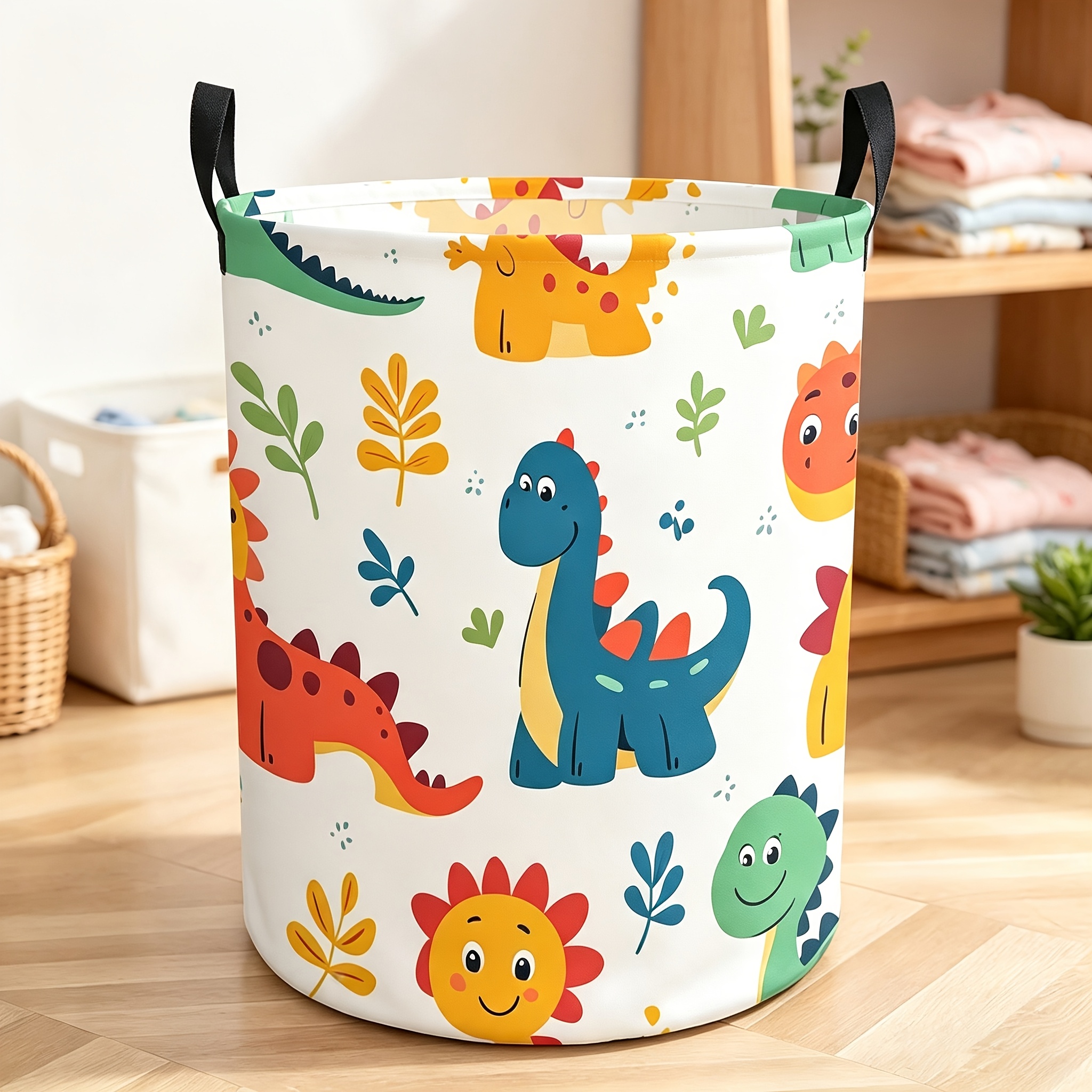 TEMU 1pc Large Round Foldable Laundry Basket With Sturdy Black And White Dinosaur Design - Cute Dinosaur Storage Bin With Colorful Dinosaurs And