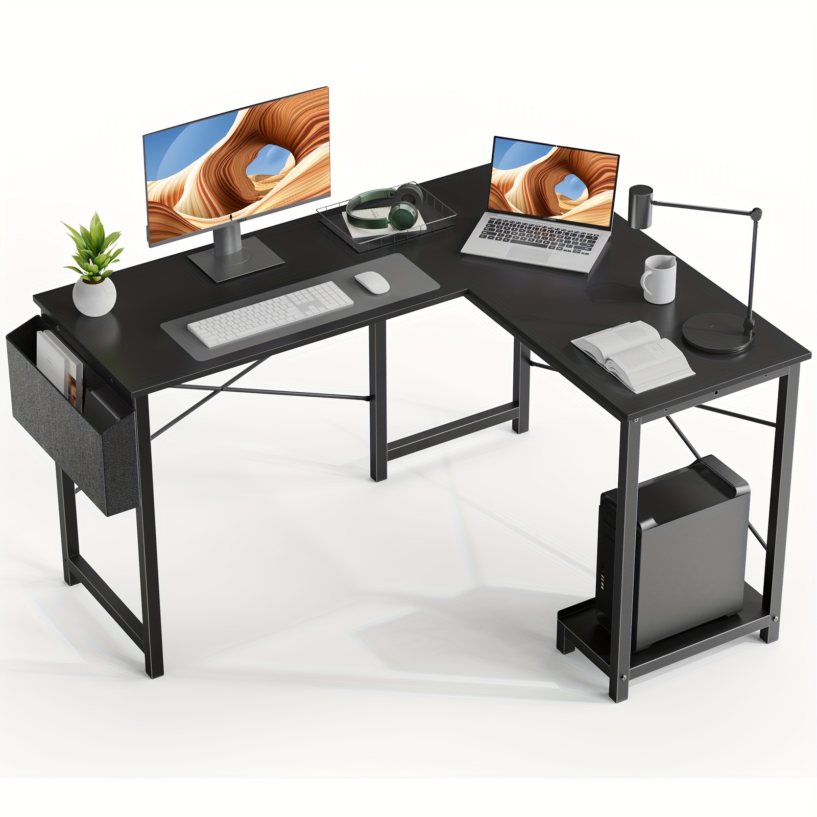 

L Shaped, Computer Corner Pc Sturdy Desk With Side Storage Bag, Gaming Table For Home Office Writing Workstation