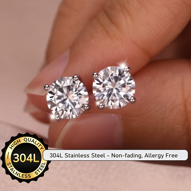 TEMU 2pcs Non-fading Earrings For Women And Men, Allergy-free 304l 304l 304l 304l 304l Stainless Steel Inlay 1 Carat Stud Earrings Fashion Additions