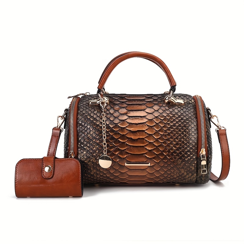 TEMU 2pcs Retro Snake-print Boston Bag - Large Capacity Crossbody/handbag With Detachable Strap, Deep ///, Elegant Animal Pattern Handbags For &