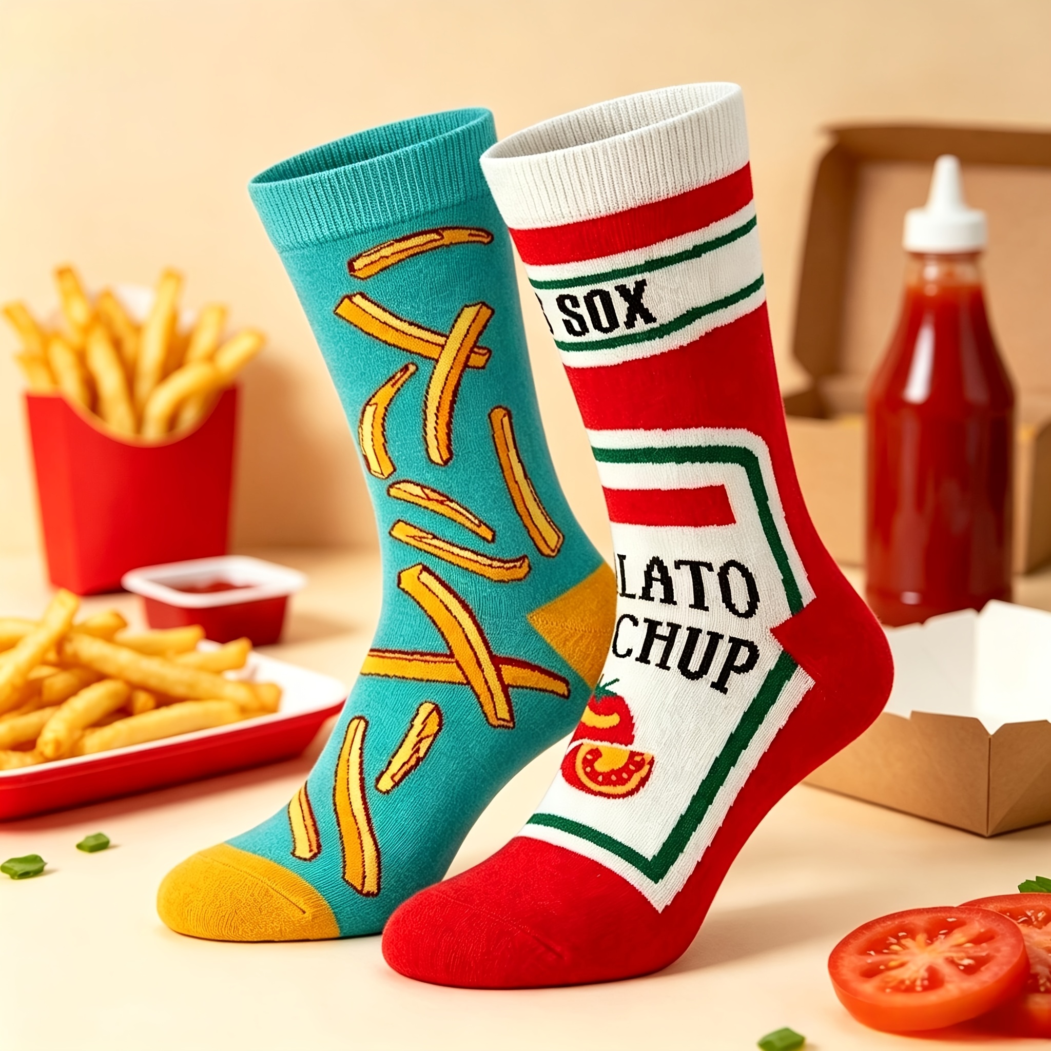 TEMU 1 di calzini da con fritte e ketchup - Calzini a met� polpaccio con motivo a cibo a cartone animato compatibili per feste, uso , regalo unisex