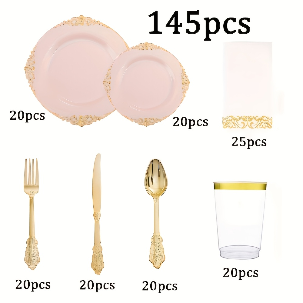 TEMU 145pcs Pink Disposable Plastic Tableware Set With Golden Floral Pattern, Reusable, Suitable For 20 Guests, Ideal For Birthday Parties, Holiday ,