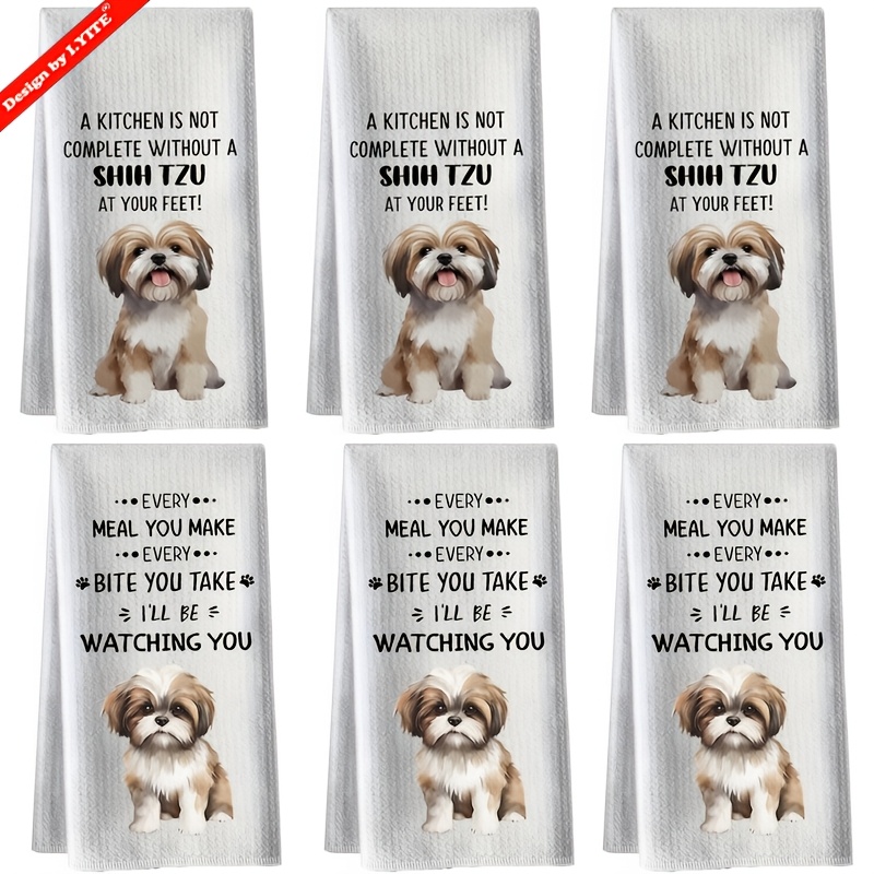 TEMU 6pcs Set Funny Shih Tzu Dog Printed Kitchen Towels, Dishcloths - 16x24in Microfiber, Absorbent & Quick Drying, Contemporary Fantasy -christmas,