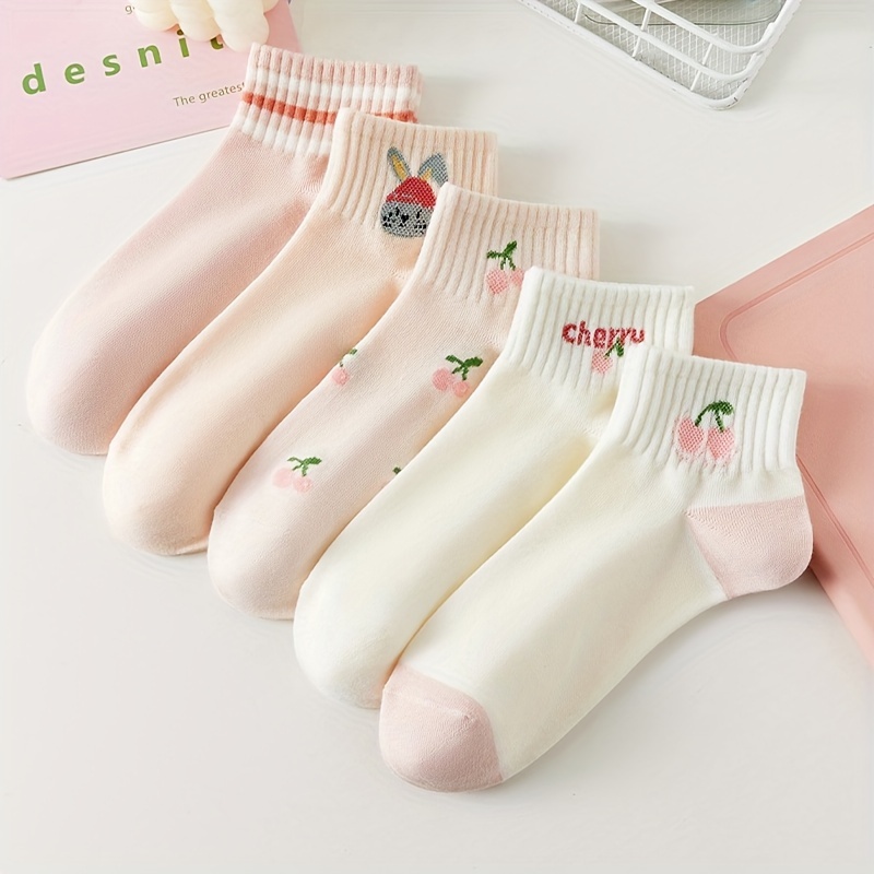 TEMU 5 Pairs Pink Cherry & Rabbit Socks, Cute & Sweet Short Socks, Women's Stockings & Hosiery