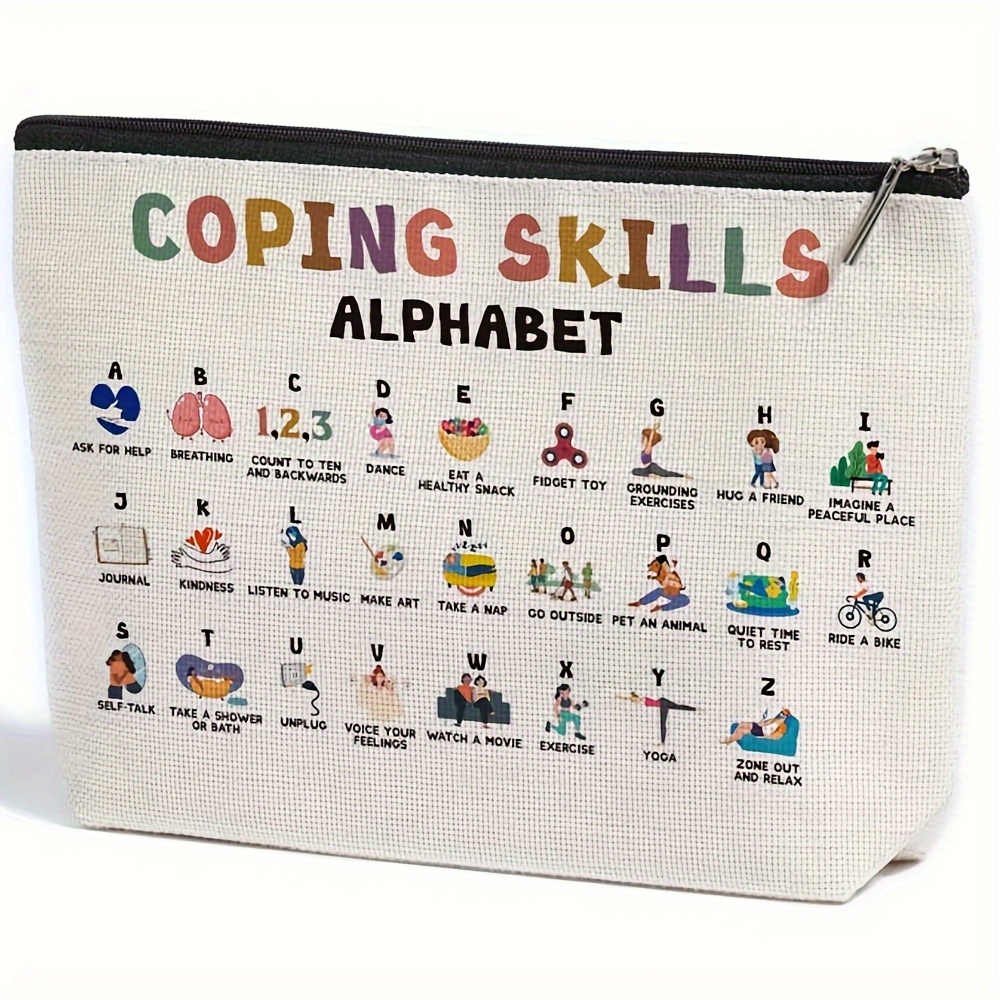 

Inspirational Mental Health Coping Skills Alphabet Print Makeup Bag Makeup Pouch For Women Teacher School Cosmetic Bag