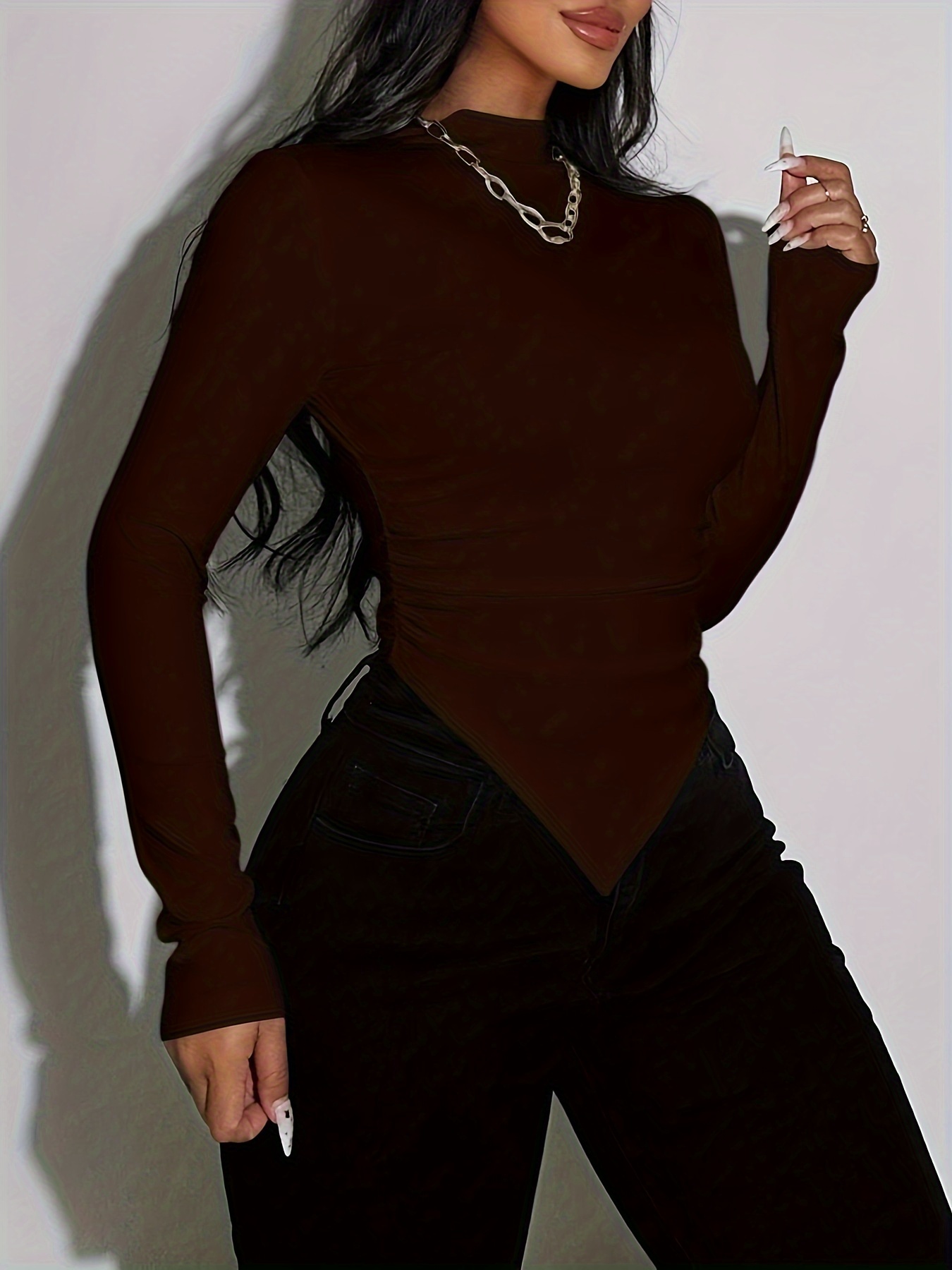Side Ruched Asymmetrical Hem T-shirt, Sexy Mock Neck Slim-Fit Long Sleeve Top For Spring & Fall, Women's Clothing