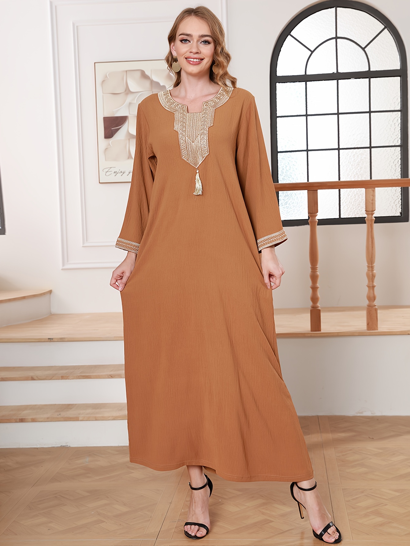 Directional Ethnic Style Embroidered Tassel Neck Solid Color Dress, Eid *  Women'S Holiday Wear, Fashionable Elegant Grand * 2026 Spring Summer Outfit  Latest Design Festival Daily Robe 2026 * New Year ...
