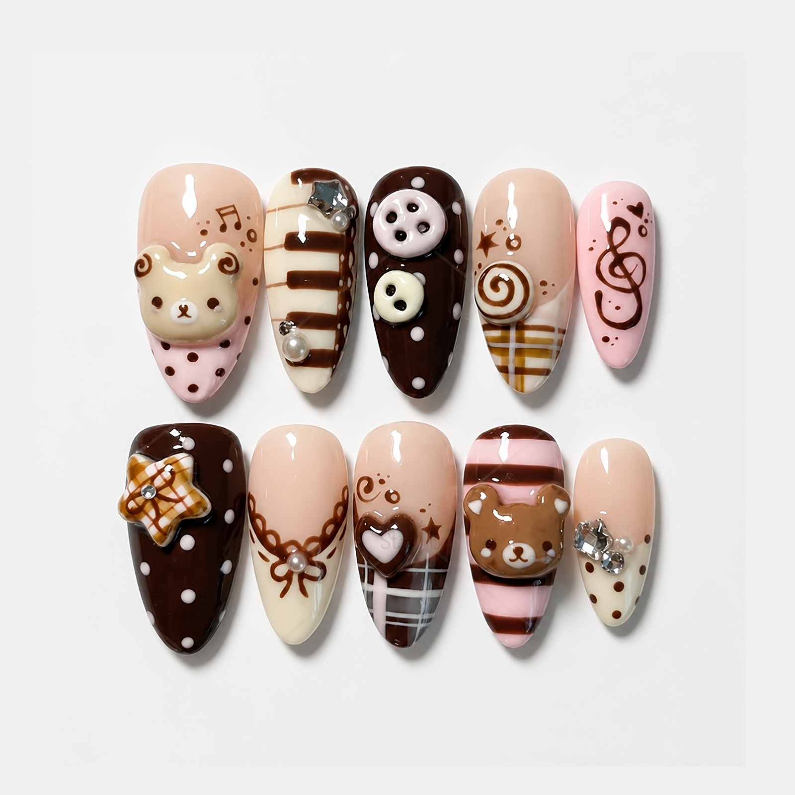 TEMU 10 uñas postizas XGV de estilo coreano para mujer, forma de , media, puntas blancas brillantes con de pedrería de oso, uñas de gel acrílico