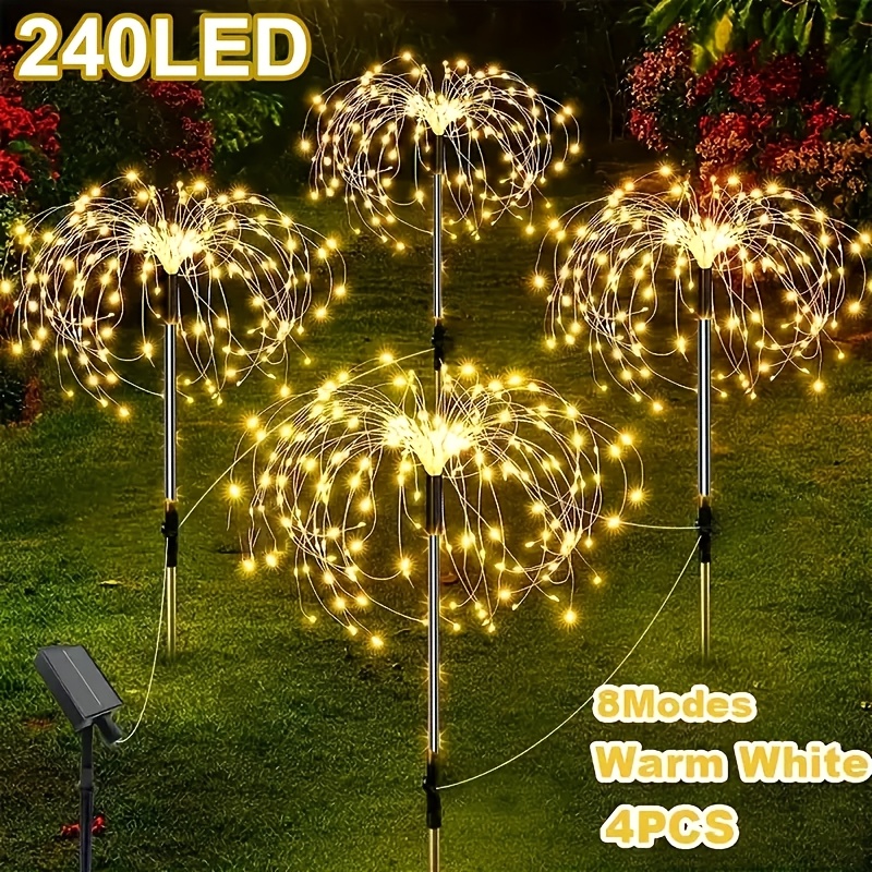 TEMU 4 Solar Firework Lights, Outdoor Garden Lights With 240 Led Fireworks, Suitable For Christmas And Thanksgiving Decorations, Ip44, 8 Lighting ,