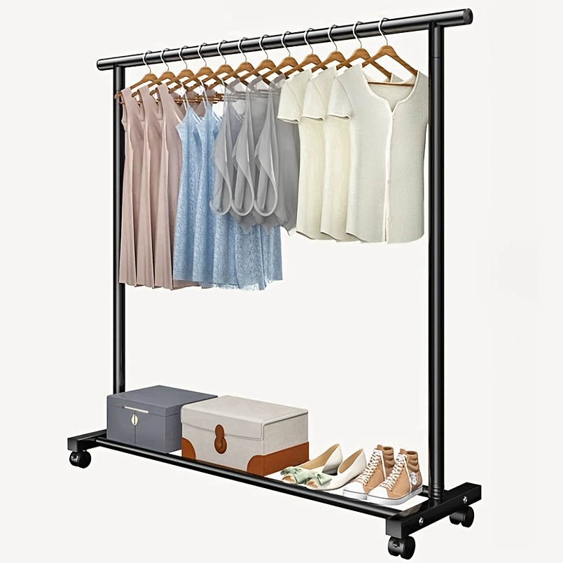 

Black Metal Clothes Rack With Wheels - , Sturdy Garment Stand For Bedroom, Dorm & Laundry Room Storage, Sea Shipping, Standard Pole