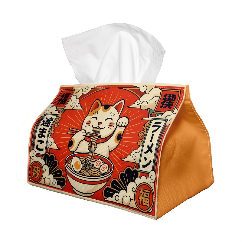 TEMU 1pc Retro Japanese Anime Tissue Box - Multi-functional Napkin Dispenser, Available Made Of Durable Polyester, Decorated With Maneki Noodle,