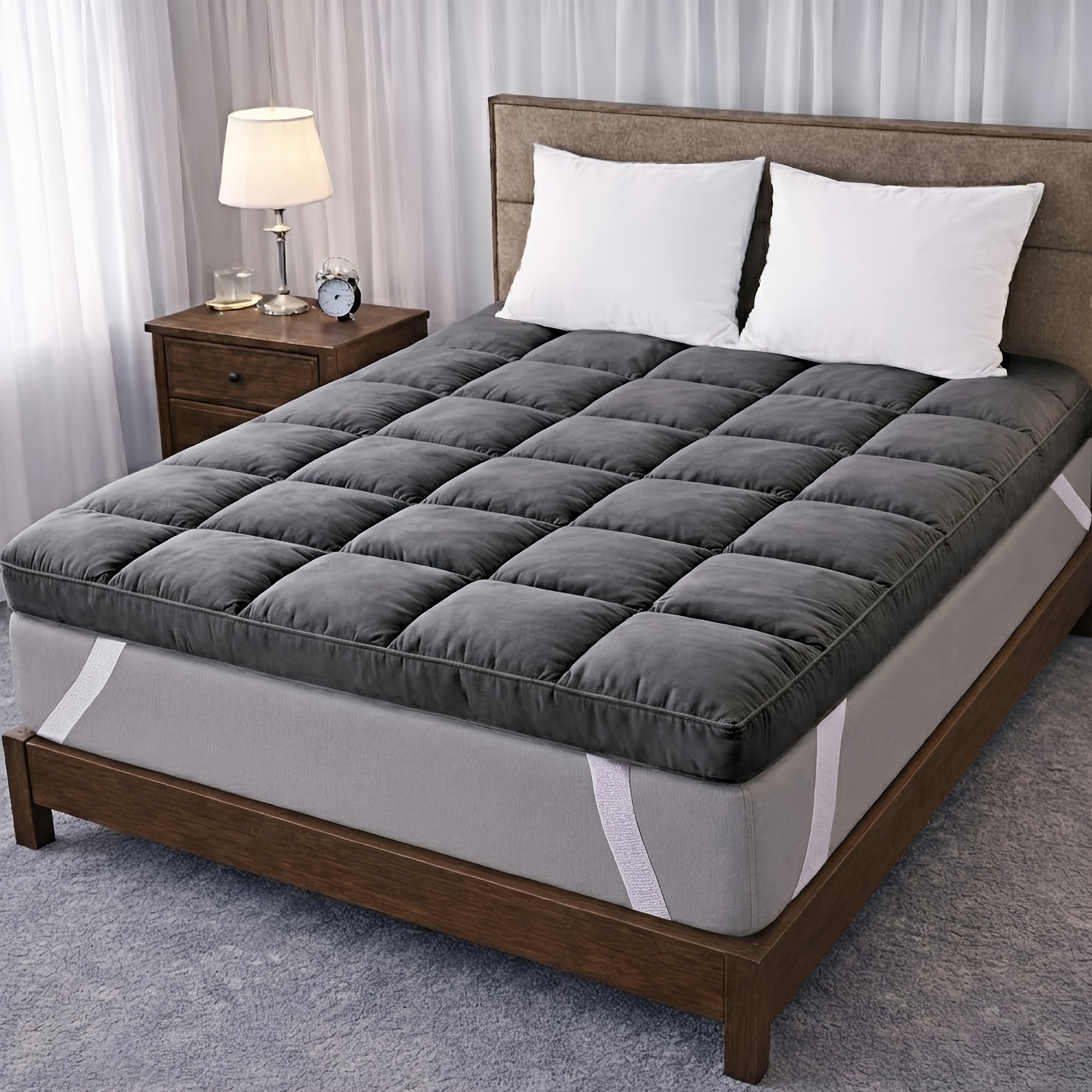 Image of 10cm Wave Quilted Mattress Topper With 1000gsm Microfiber Filling, Breathable Mattress Pad With Elastic Corner Straps, Machine Washable Bed Topper For Bedroom, & Dorm, Multiple Sizes & Colors