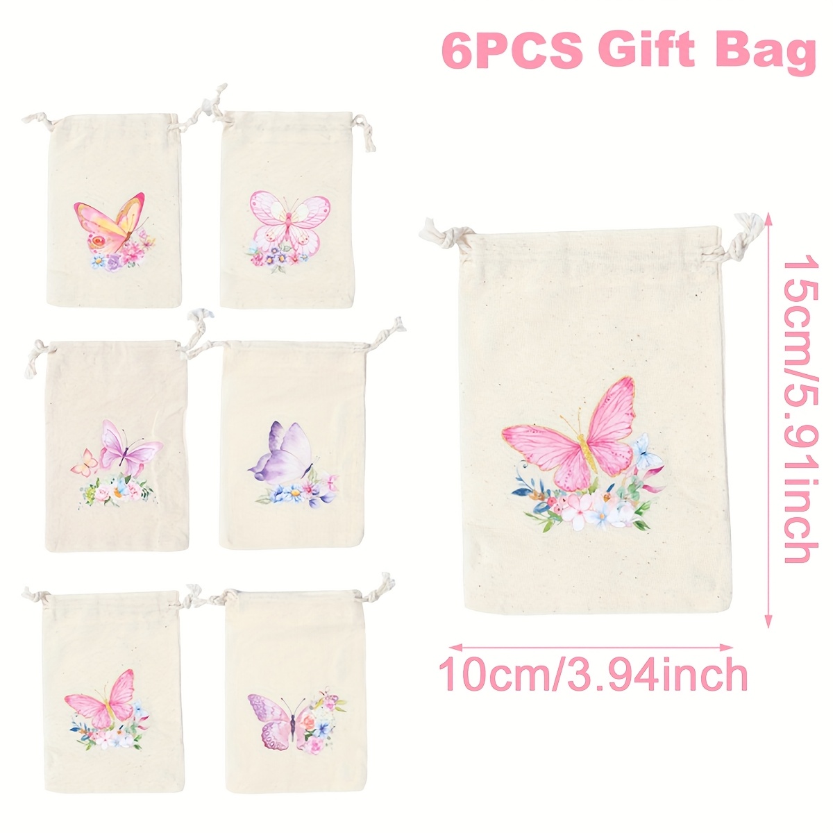 Image of Gift For Her/him 6pcs, Theme Gift Bag With Drawstring, Pattern Gift Bag, Spring Summer Favor Packaging Bag, Drawstring Bag Packs, For Birthday Party, Wedding, Party Decoration Supplies