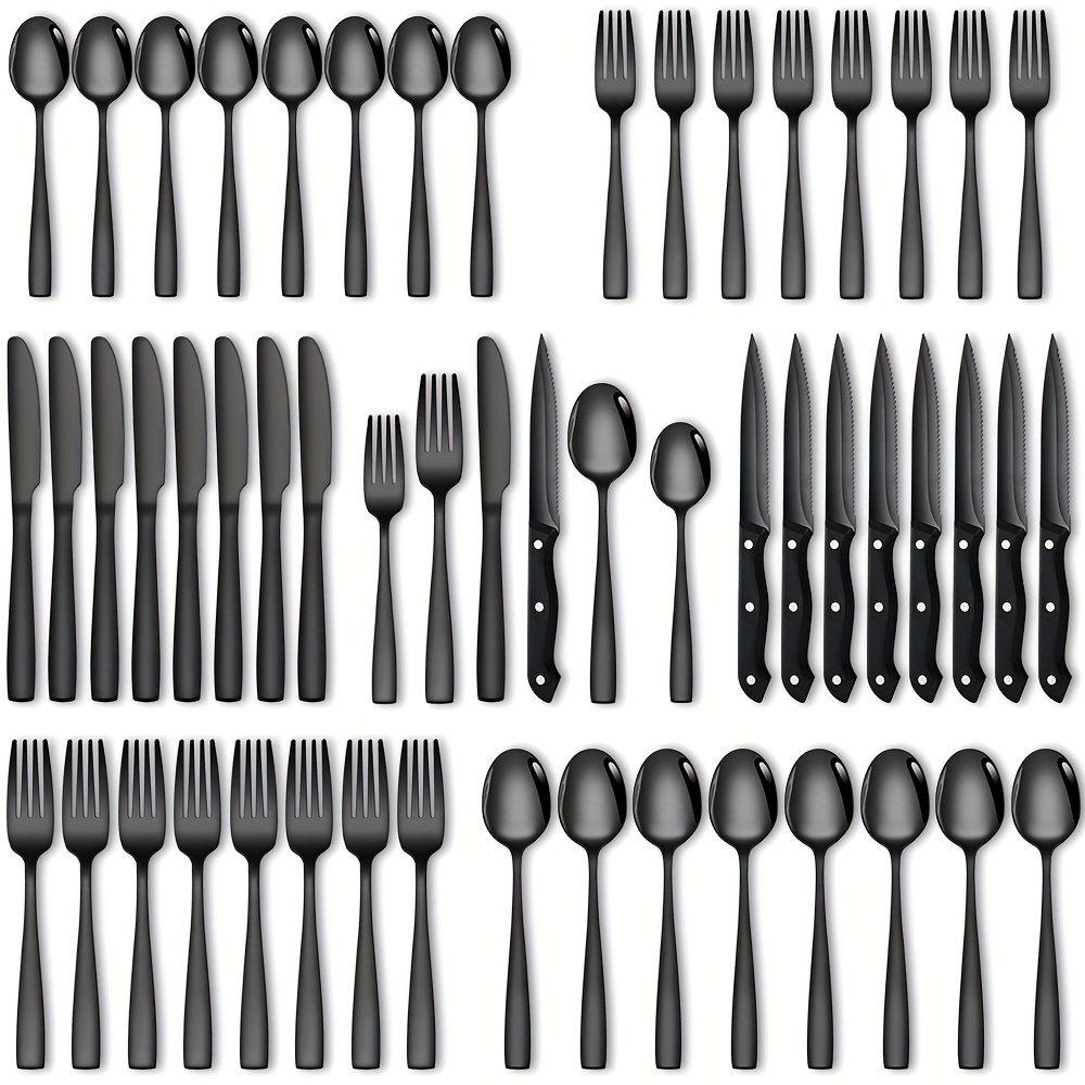 

48pcs Elegant Black Stainless Steel Flatware Set, Mirror Polished - Includes Steak Knives, Dinner & Dessert Forks, Spoons - 8 Guests, Dishwasher Safe, Ideal For Parties, Weddings, Banquets