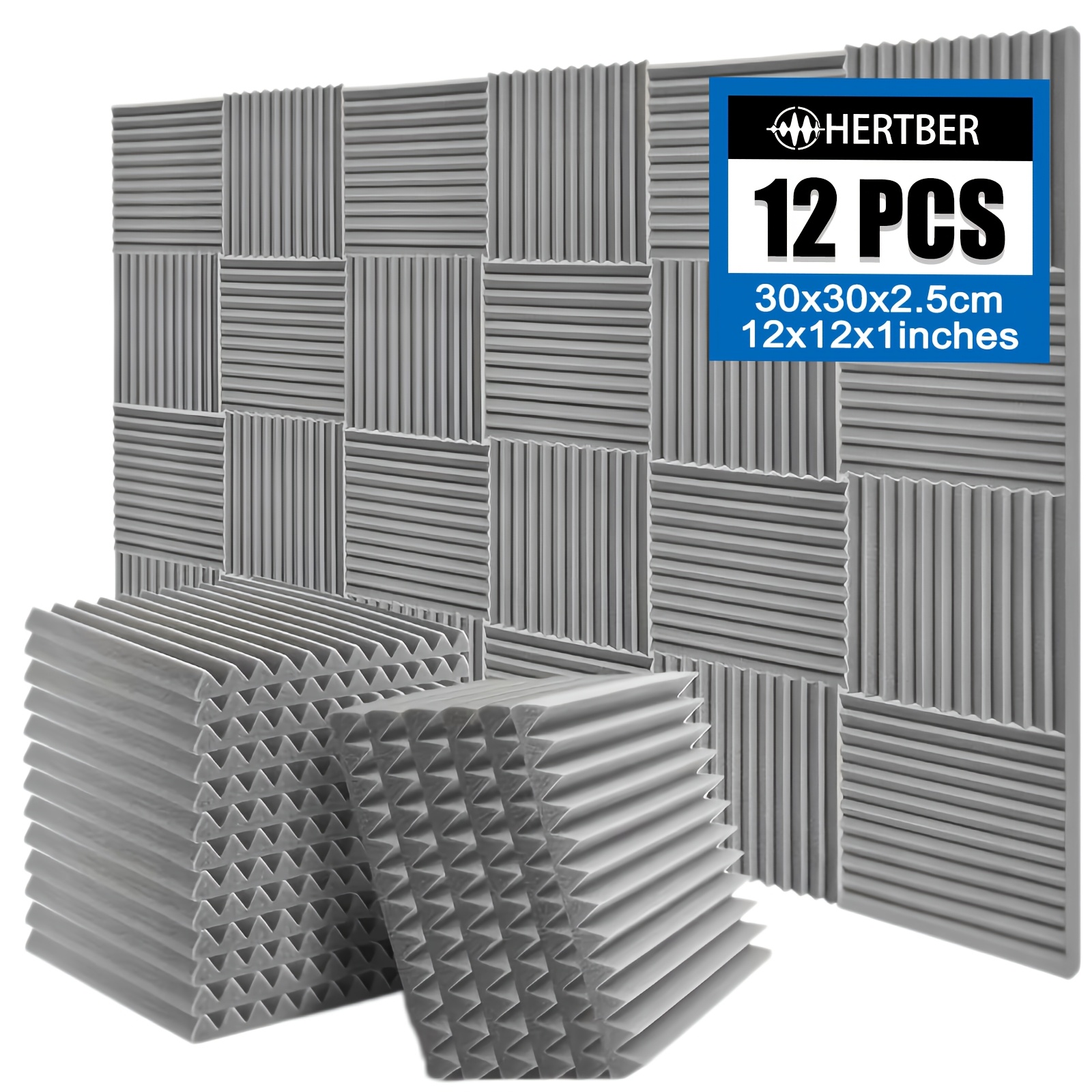 TEMU Panneaux en mousse acoustique insonorisants haute HERTBER, lot de 12, améliorée, noir/gris, 12x12x1 pouces. Panneaux absorbants professionnels