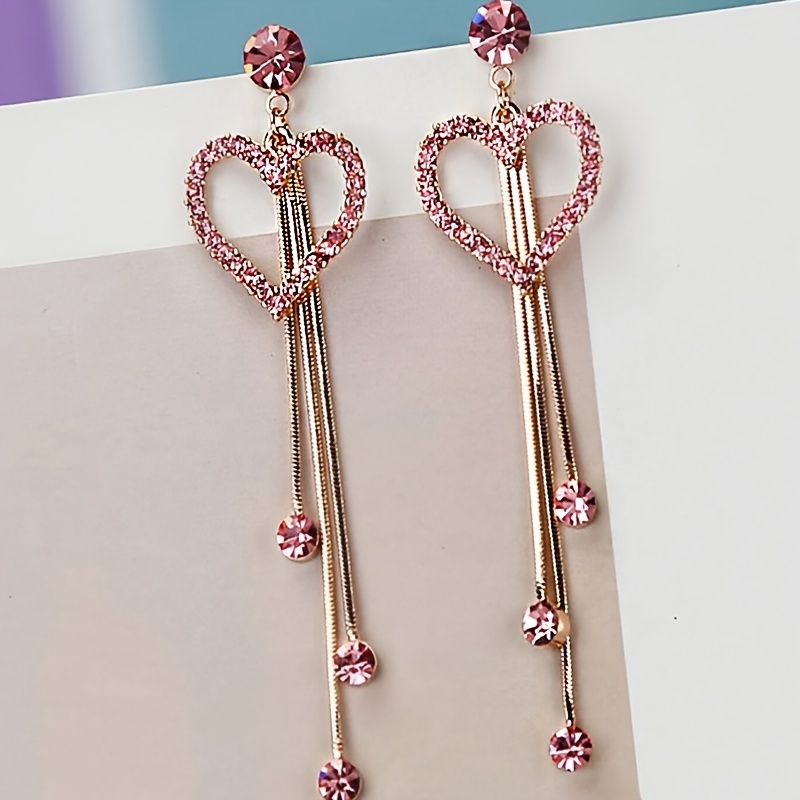 

1 Pair Luxury Heart-shaped Tassel Earrings With Rhinestones, Alloy Dangle Drop Earrings, 925 Sterling Silver Ear Needle, & Gift-, Ideal Valentine's Day Present For