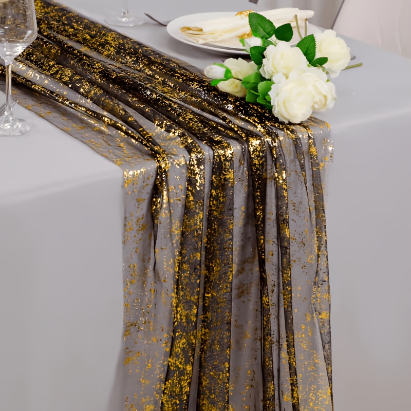 TEMU 10ft Black And Golden Glitter Tulle Table Runner - 120" Elegant Rectangular Polyester Fabric For Weddings, Birthdays, Christmas, Halloween -