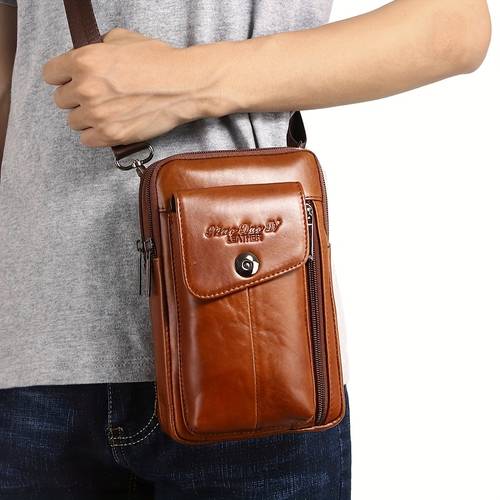 item picture mens genuine leather crossbody bag cowhide shoulder bag mobile phone waist bag belt waist bag multifunctional small bag multi compartment trendy mens backpack large screen mobile phone bag new model