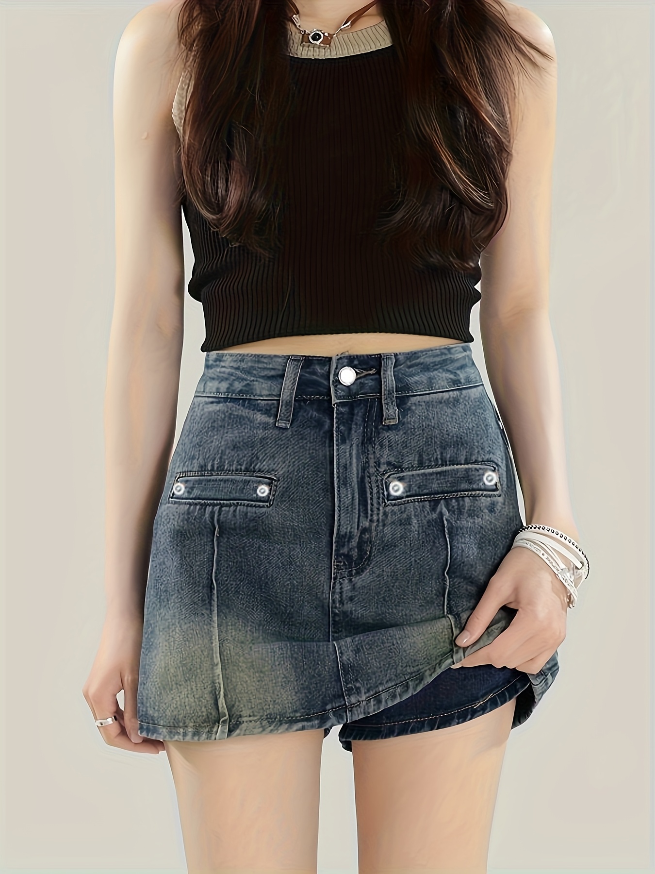 high-waisted two-button denim skirt with lining women's vintage