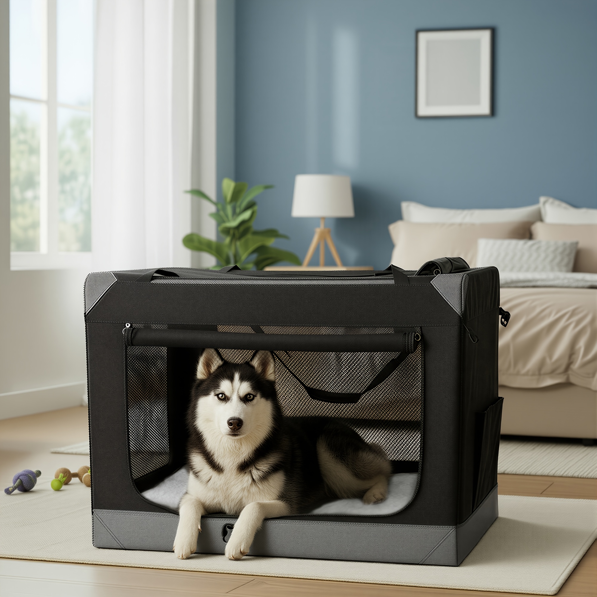 Image of Foldable Dog Box, Transport Box, Dog Bag, Oxford Fabric, With 4 Mesh Doors, Handles, Pocket, 60cm/ 76.2cm/ 91.4cm, For Large Dogs, Ink Black- Grey