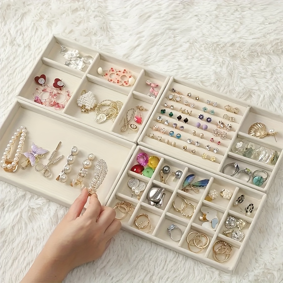 4pcs Portable Velvet Jewelry Trays, Stackable Storage