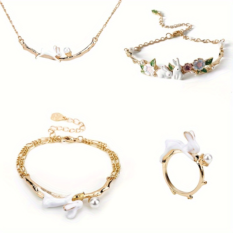

4 Pcs/set Cute Bunny With Flower Bracelet Cute Bunny Necklace Bunny Ring