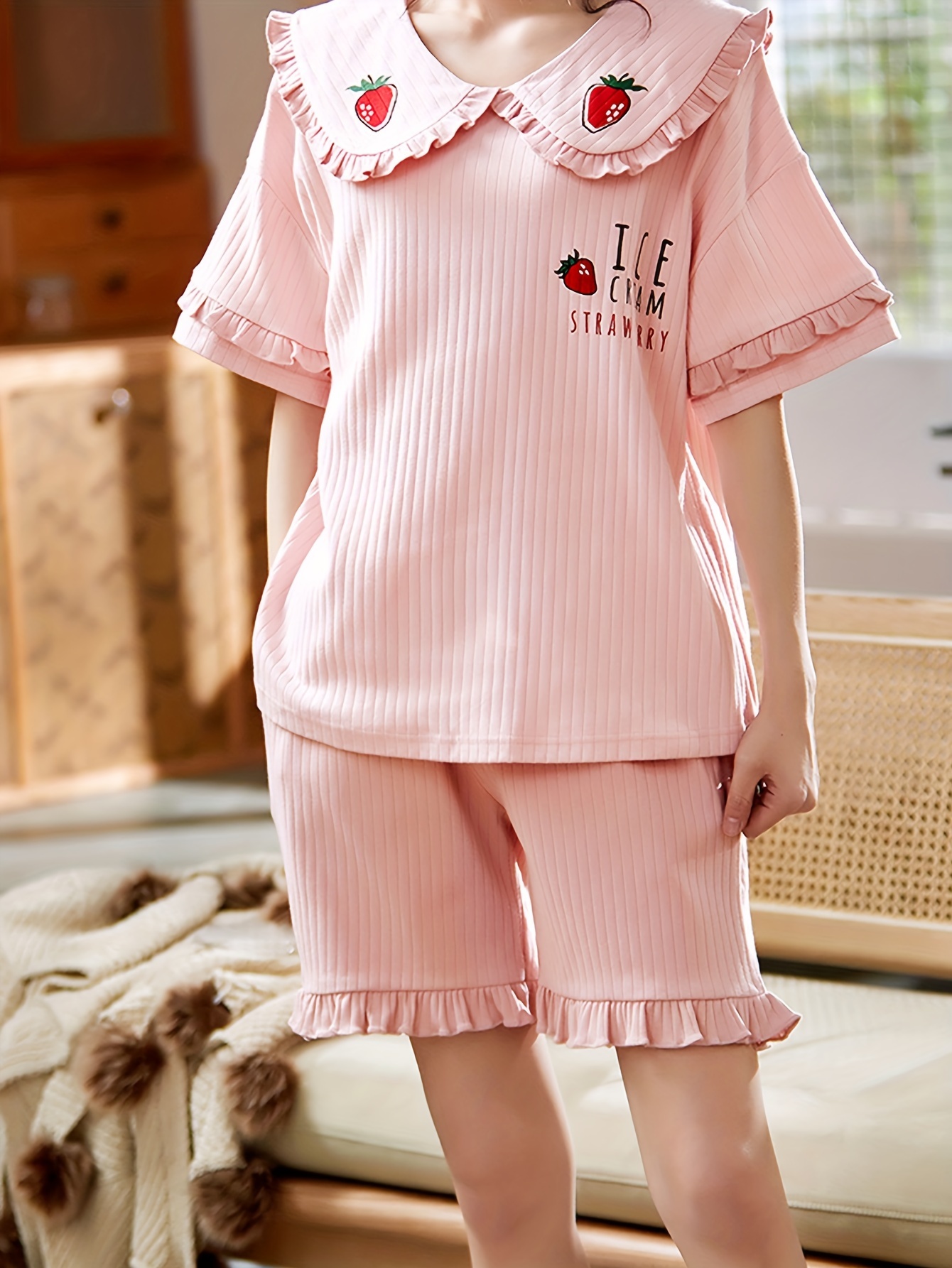 Strawberry pink Shortsleeve Pajama Cotton Set