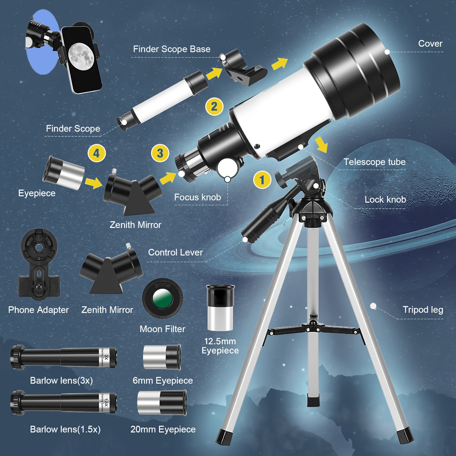 150X 70mm Aperture Telescope for Adults | High Power, Portable Monocular Telescope with Tripod, Phone Holder, Eyepiece, Barlow Lens | Manual Focus, Ideal for Nature Viewing, Education | Perfect Halloween Christmas Gift for Family Members