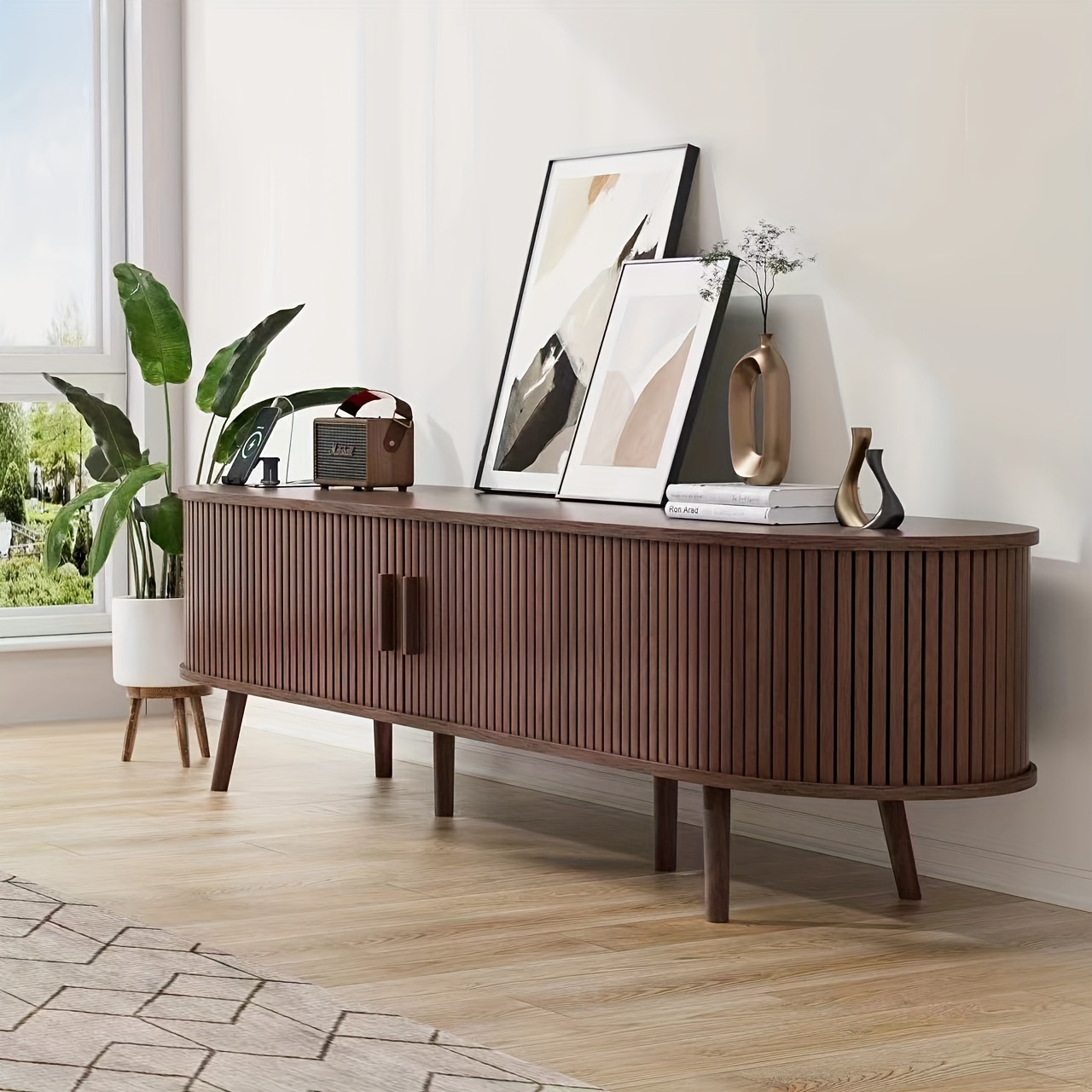 70" Mid-Century Modern TV Stand with Charging Station - Dark Walnut