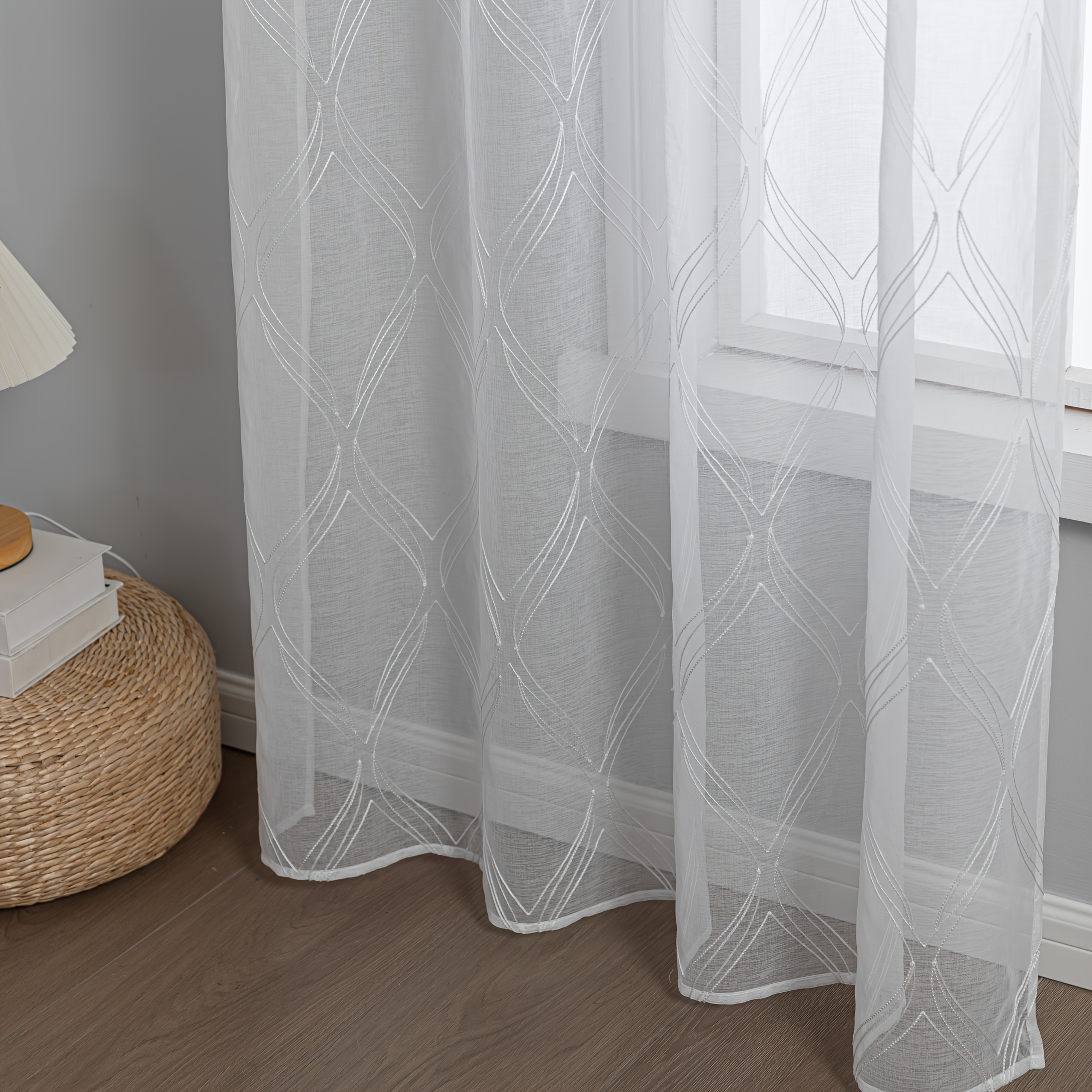 Image of 2pcs White Sheer Embroidered Curtains With Patterns, Light Luxury - Multiple Sizes, Light-filtering Opaque, Grommet-top For . Suitable For Decorating Living Rooms, Bedrooms, , Hotels, Offices
