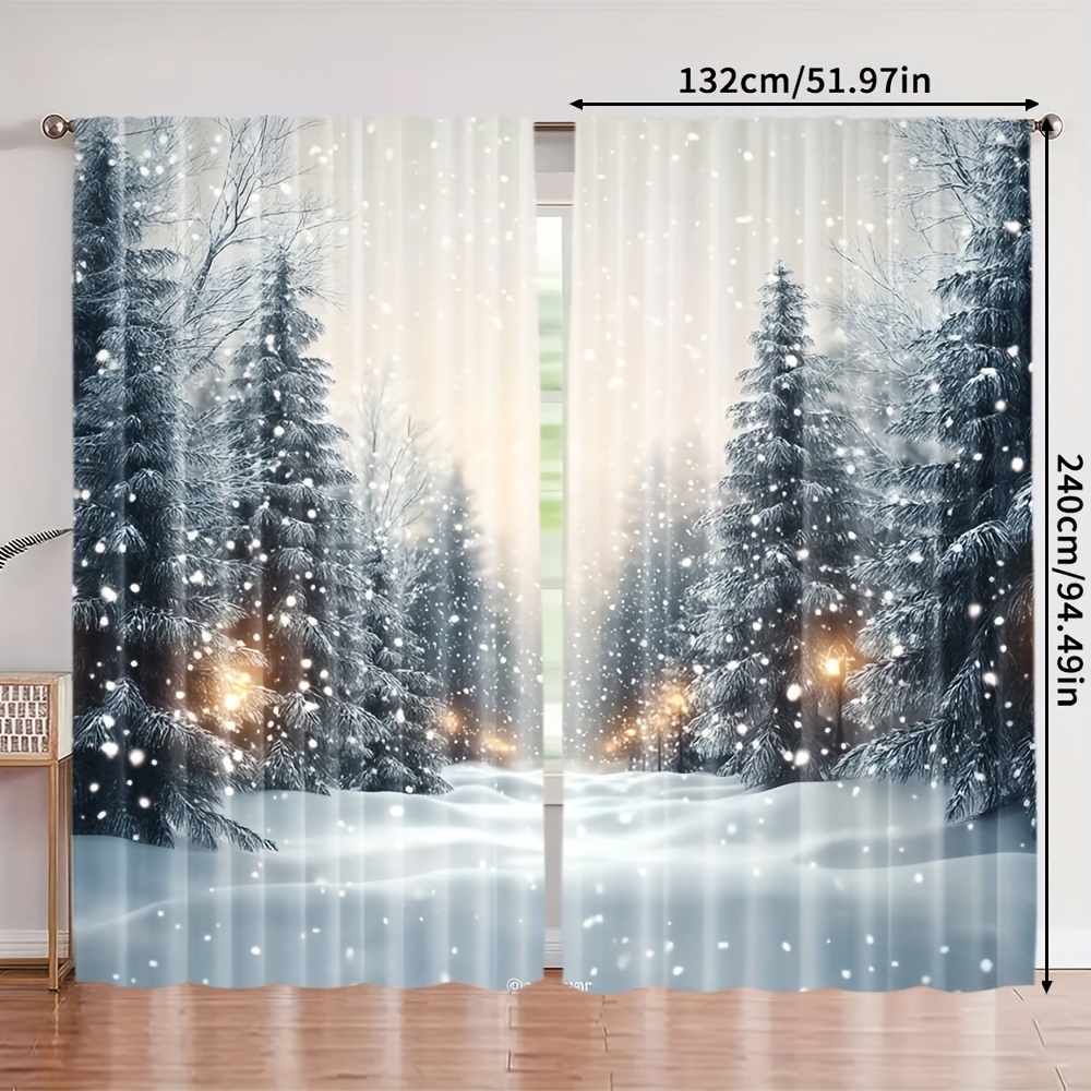 TEMU 2pcs Extra Large Landscape Print Curtains â Nature-inspired Winter Scene With Snowflakes, Pine Trees & Cozy Lighting, Polyester Fabric, Perfect
