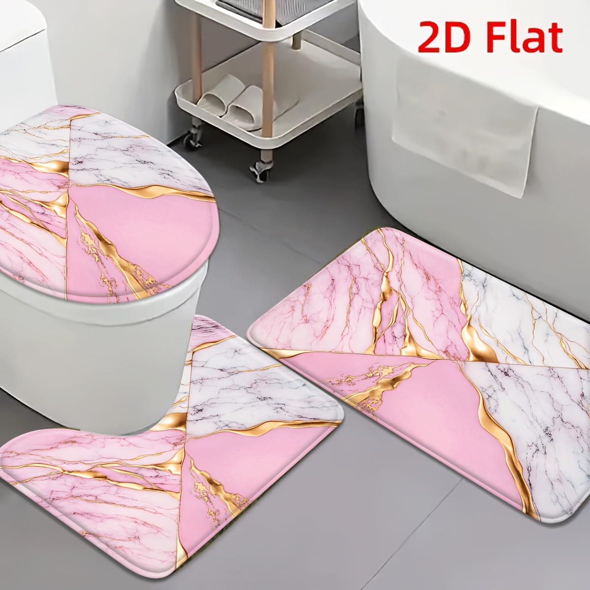 TEMU 3pcs Non-slip Pink Marble & Golden Bath Suitable For Bathroom, Bedroom Floor - Soft Flannel With Backing, Thick Cushioned Floor Mat Suitable For