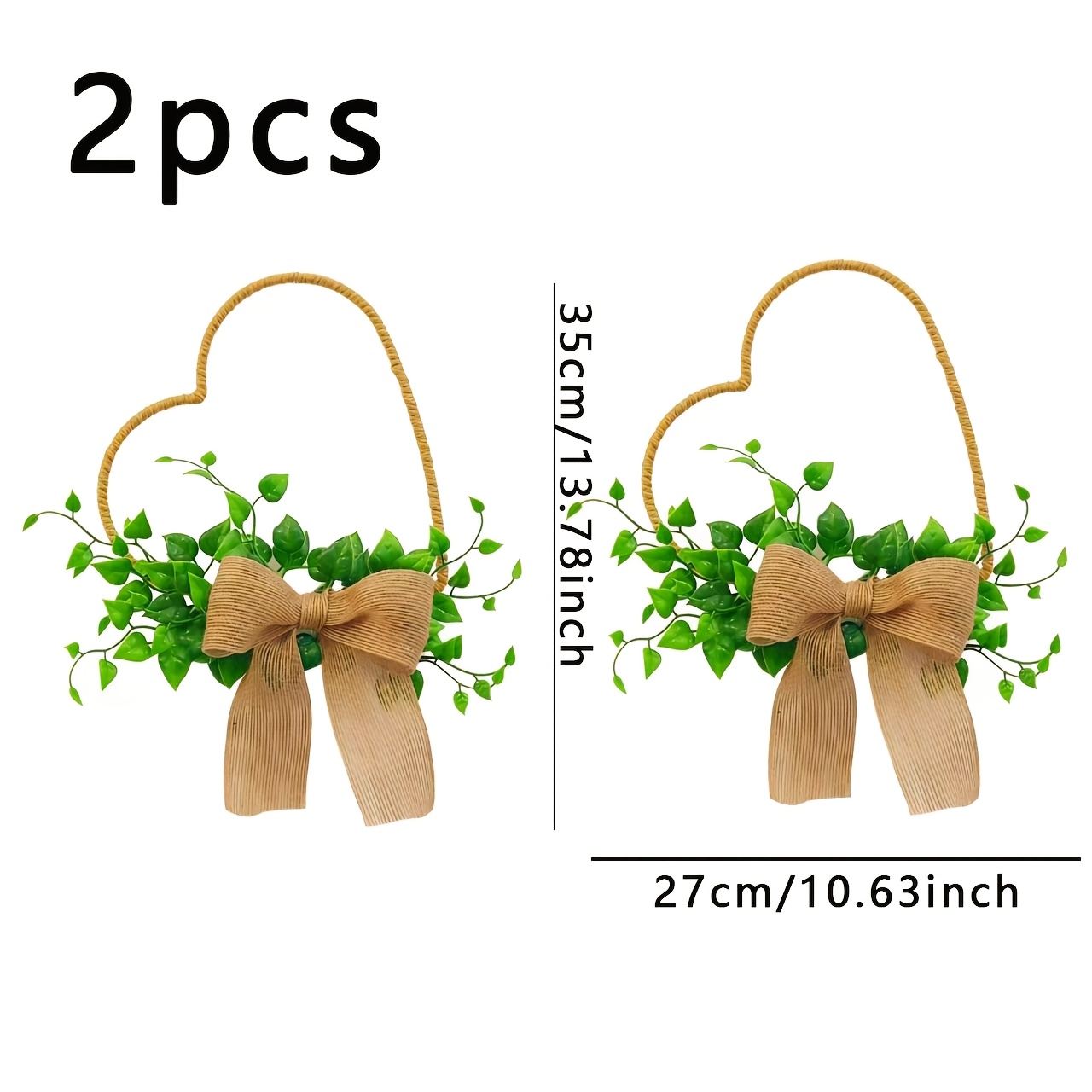Image of 2 Jute Heart-shaped Hanging Decorations For Valentine's Day, With Green Leaves And Bows, Suitable For Hanging On Doors, Walls, Or Windows, Perfect For Home Decor All Year Round